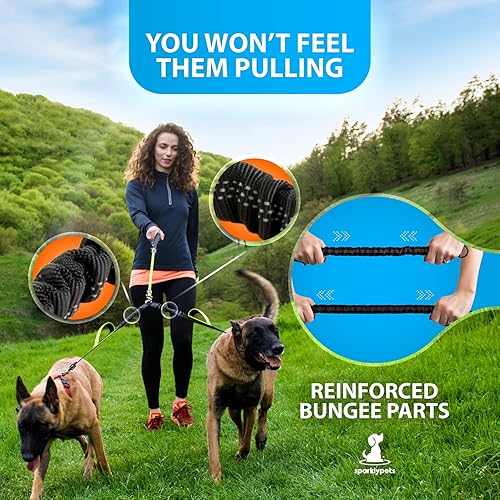 Miniatura 4 de SparklyPets Correa doble para perros para 2 perros  Cuerda elástica doble correa para perros medianos y grandes con asas acolchadas y sin enredos
