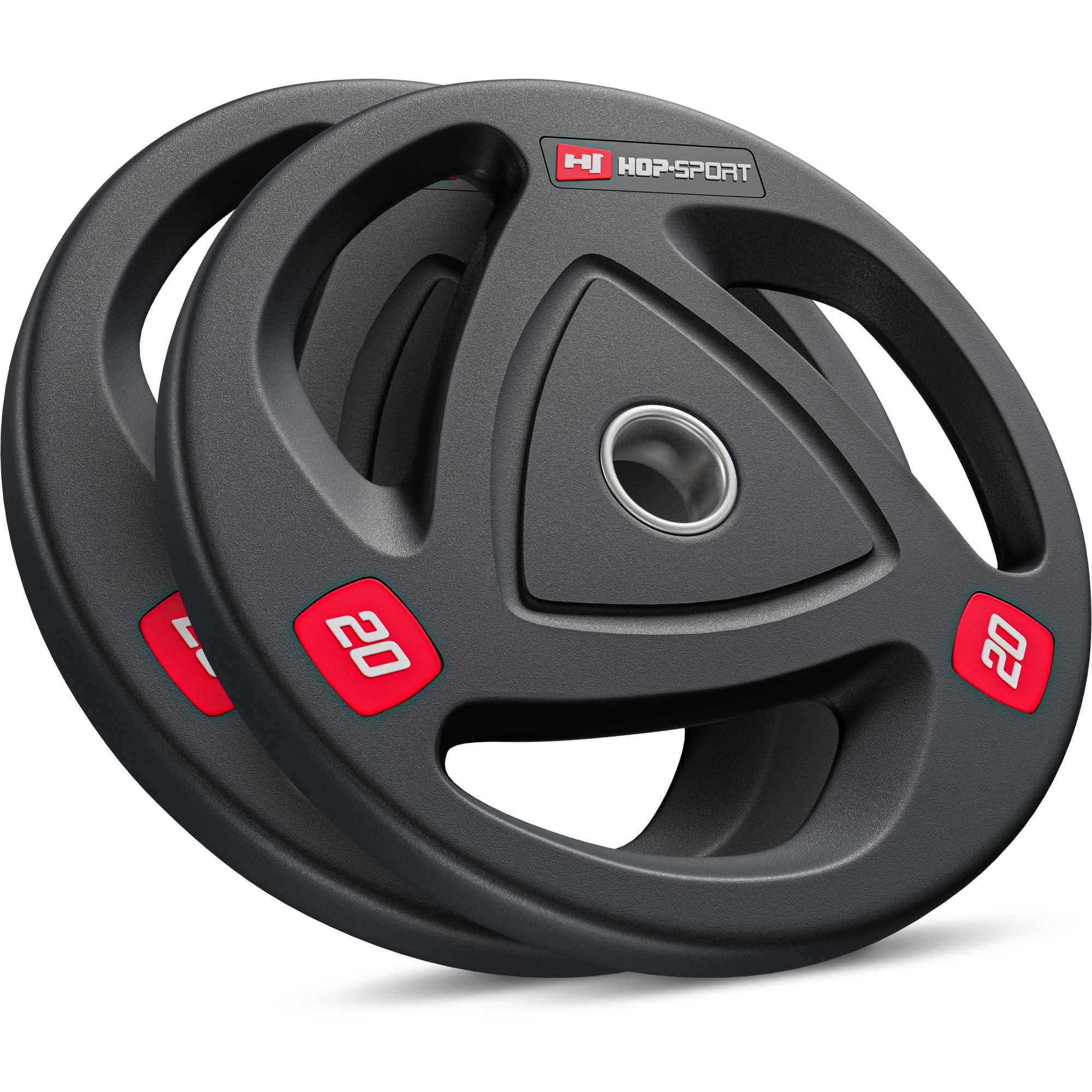 Hop-Sport Hantelscheiben 50mm Set, olympische Gewichtsscheiben aus Gusseisen für Langhantelstangen, Bumper Plates mit rutschfester gummierter Oberfläche für Krafttraining | 40 kg Set (2 x 20 kg)