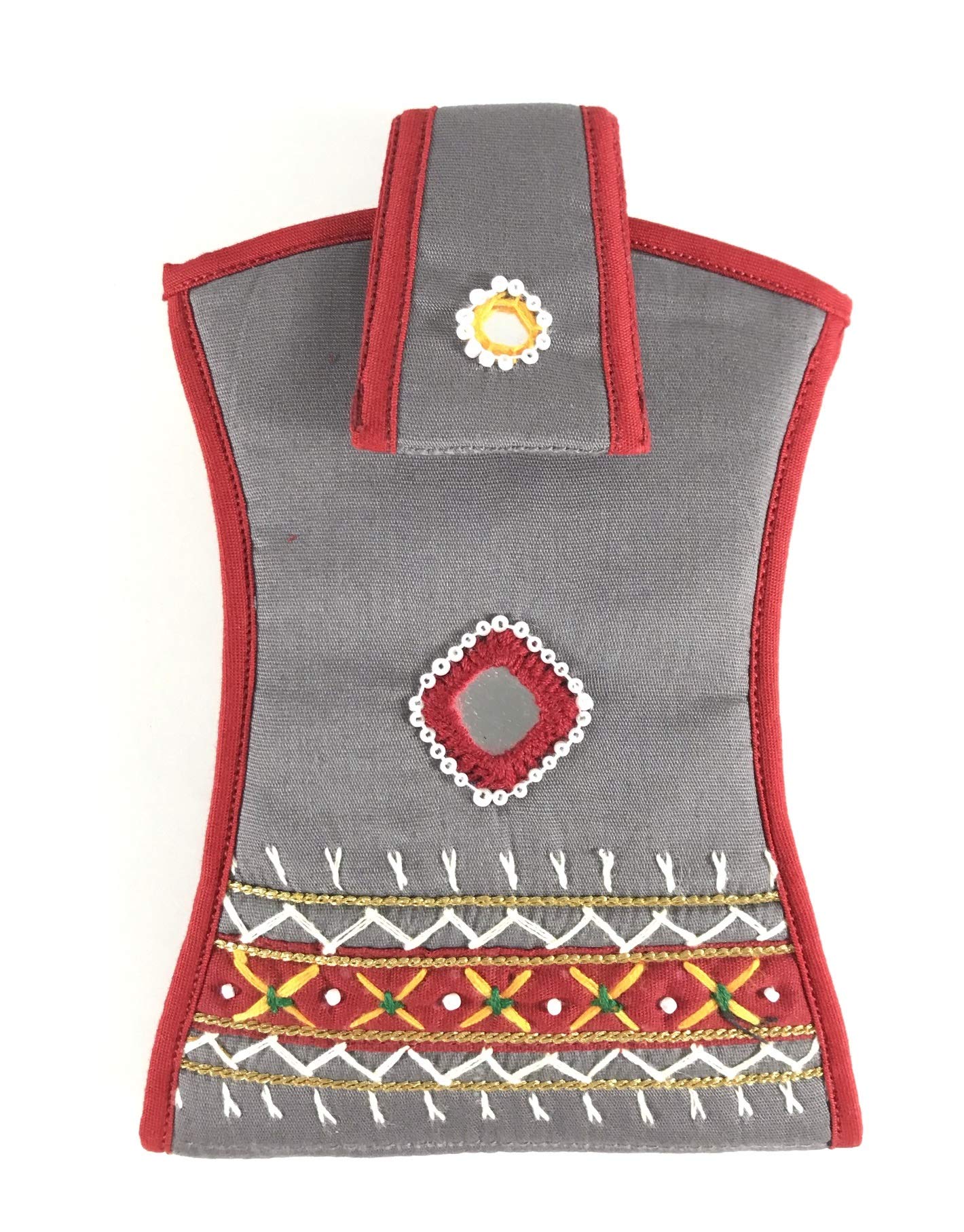 Handicrafts Women Mobile Pouch for Saree Hanging, String and Detachable Key Ring Sari Hook (Original Mirrors, Beads Works and Thread Stitching Handmade Saree Wallets) Grey Pouch-image-46