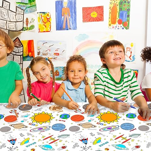 Miniatura 7 de Mantel gigante para colorear del espacio exterior para niños, mantel de papel desechable del universo del sistema solar para niños, actividades y