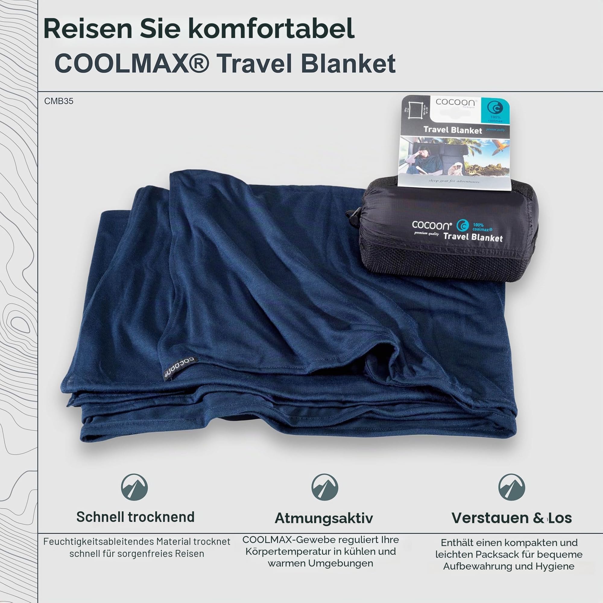 Cocoon Coolmax Reisedecke, kompakte Überwurfdecke für Camping und Wandern, passt in Rucksack, lässt Sich am Gepäck befestigen, schnell trocknend (Regular 178,8 x 139,7 cm)