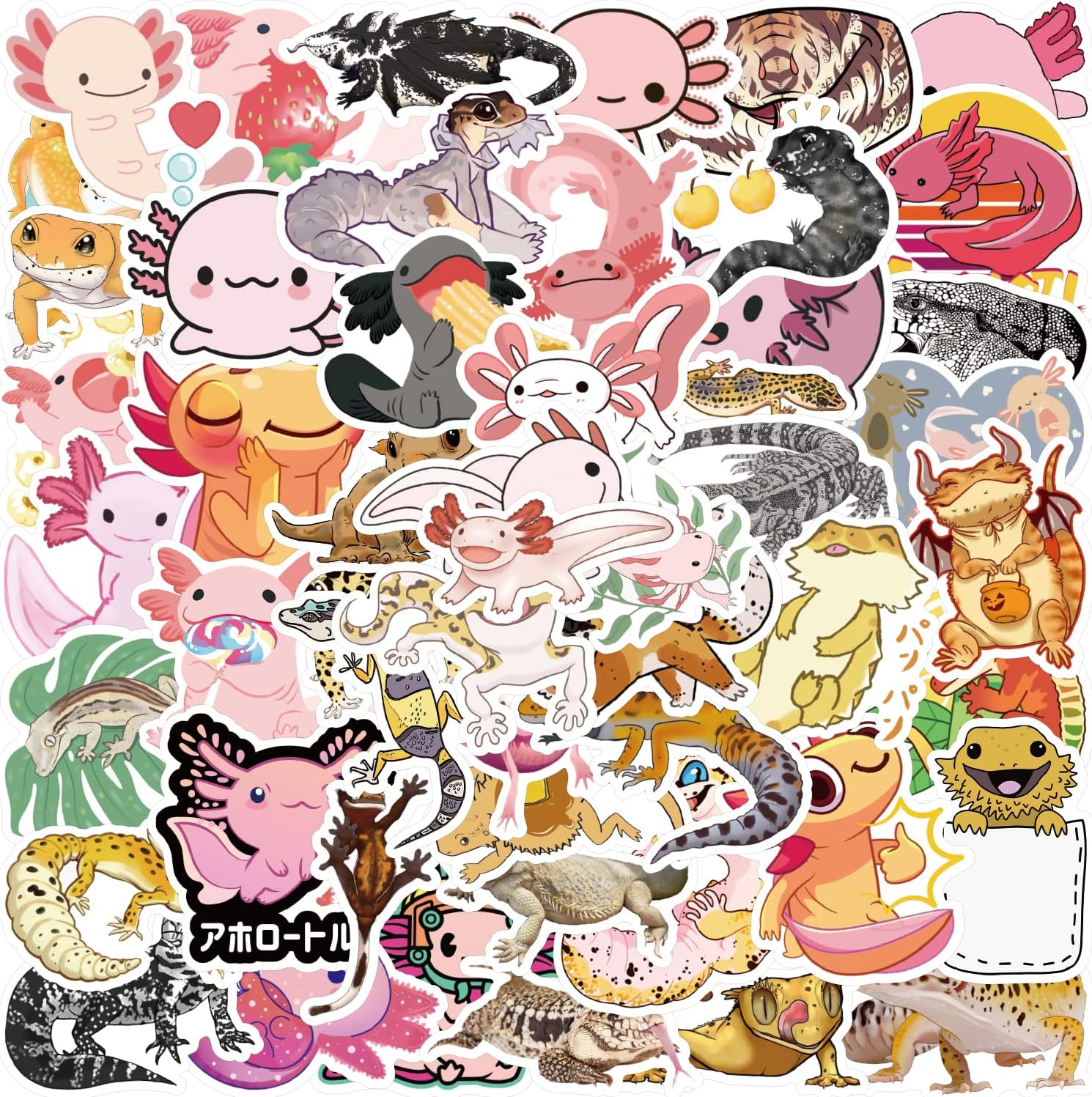 Cute Reptiles Stickers, 52Pcs Vinyl Waterproof Axolotl Stickers, Gifts for Kids, Women,Teens Classmate Colleagues,Adults