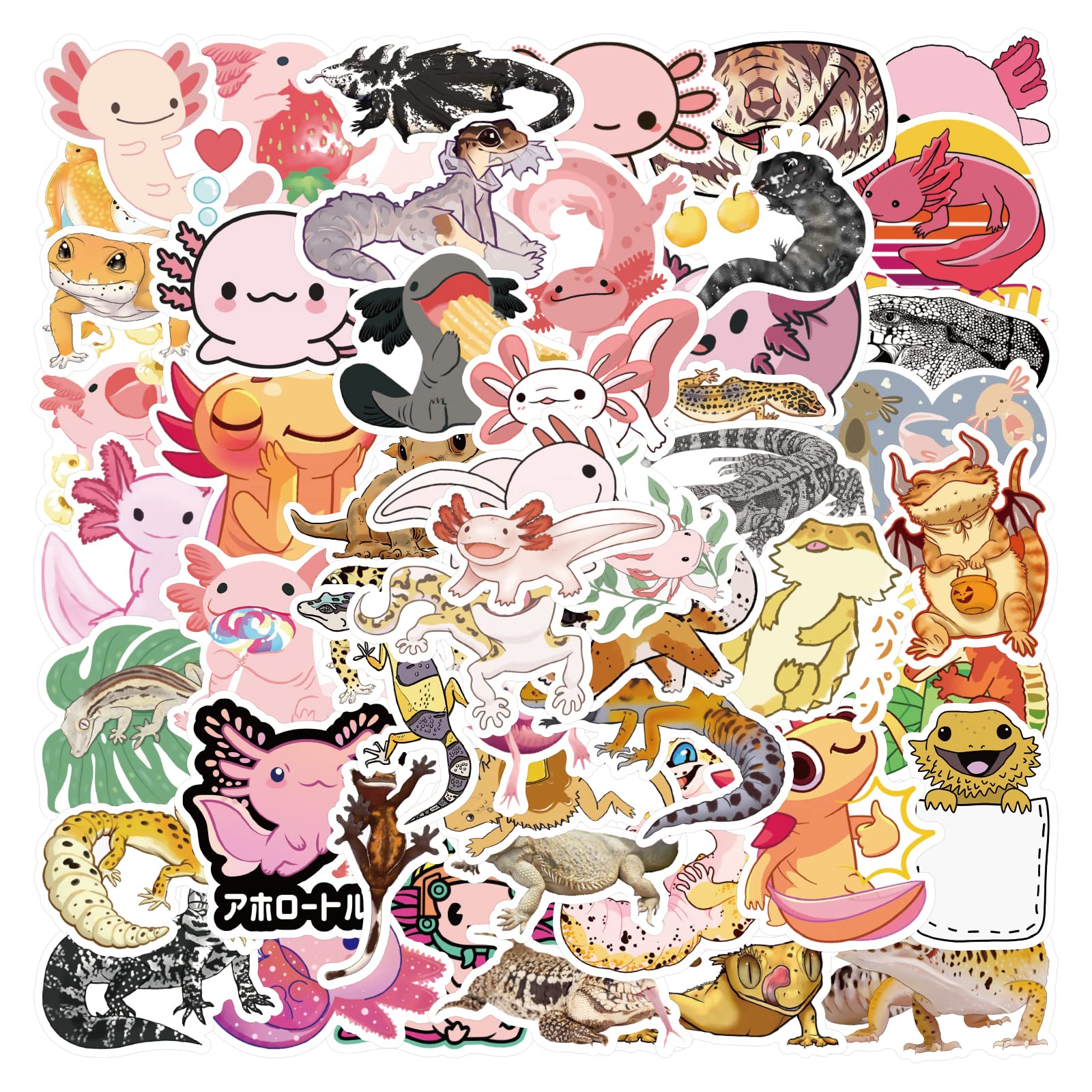 Cute Reptiles Stickers, 52Pcs Vinyl Waterproof Axolotl Stickers, Gifts for Kids, Women,Teens Classmate Colleagues,Adults
