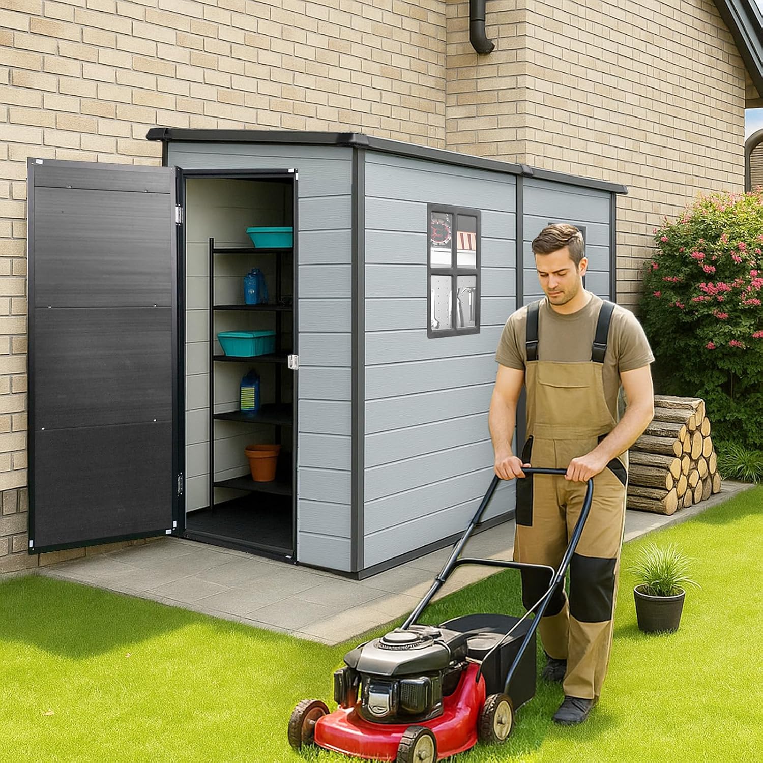 4x8 FT Lean to Shed with Floor, Resin Storage Shed & Outdoor Storage Clearance with 2 Windows, Backyard Storage Sheds for Garden, Patio, Backyard, (Black+Grey)