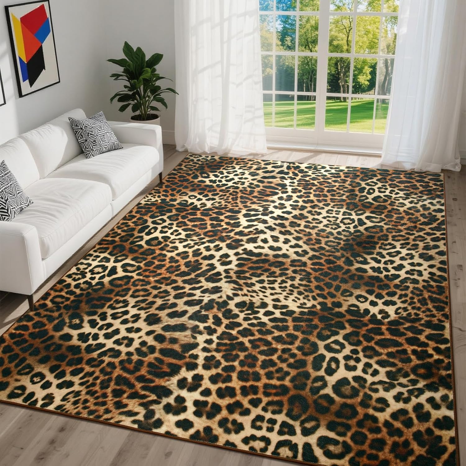 DweIke Leopard Rugs for Living Room, 5x7 Cheetah Print Rug for Bedroom Decor, Washable Non-Slip Stain Resistant Faux Animal Throw Carpet for Dining Room Office Western Home, Dark Brown
