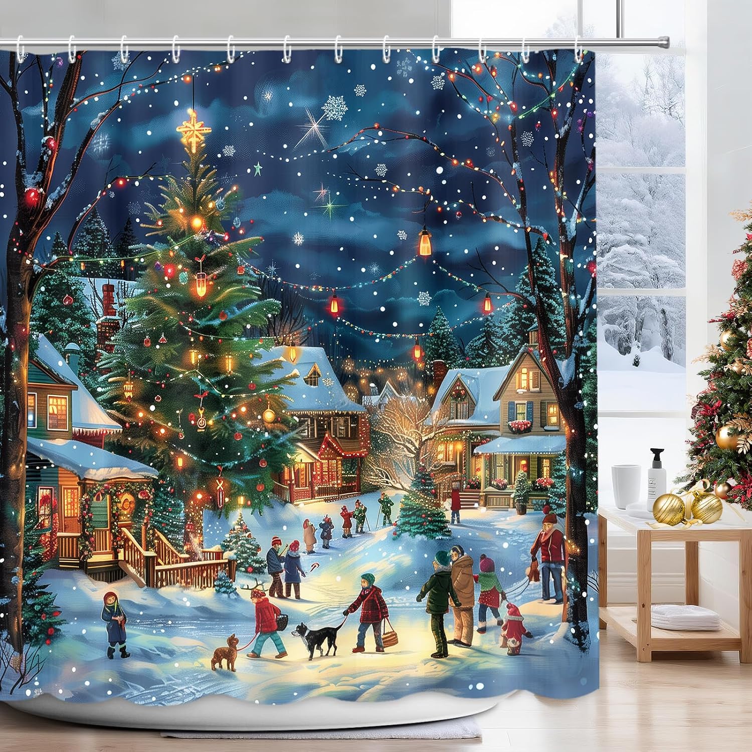 APROPHIC Christmas Shower Curtain for Bathroom Decor, Winter Scene Tree Farmhouse Holiday Shower Curtain Set with Hooks, Fabric Bathroom Accessory Set, Machine Washable, 72x72.