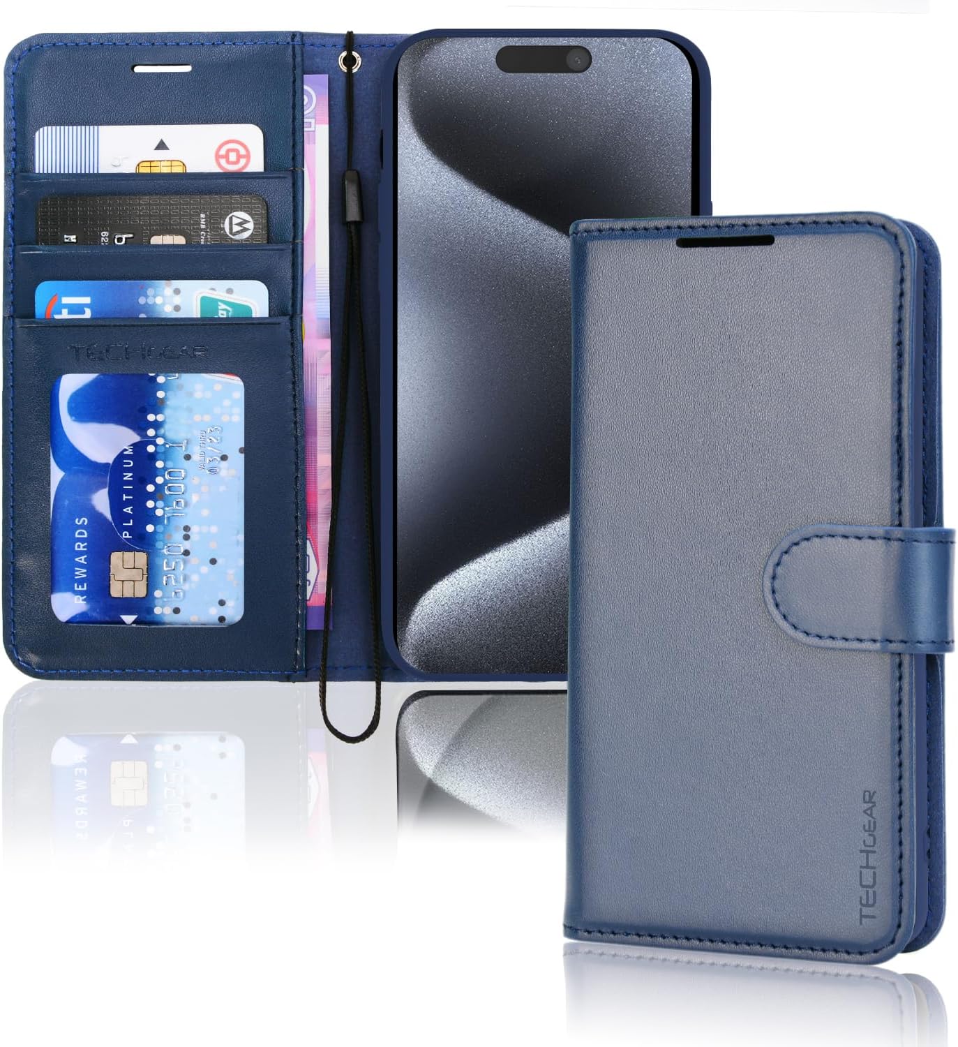 TECHGEAR iPhone 15 Pro Max Leather Wallet Case, Flip Protective Case Cover with Wallet Card Holder, Stand and Wrist Strap - Blue PU Leather with Magnetic Closure Designed for iPhone 15 Pro Max 6.7"