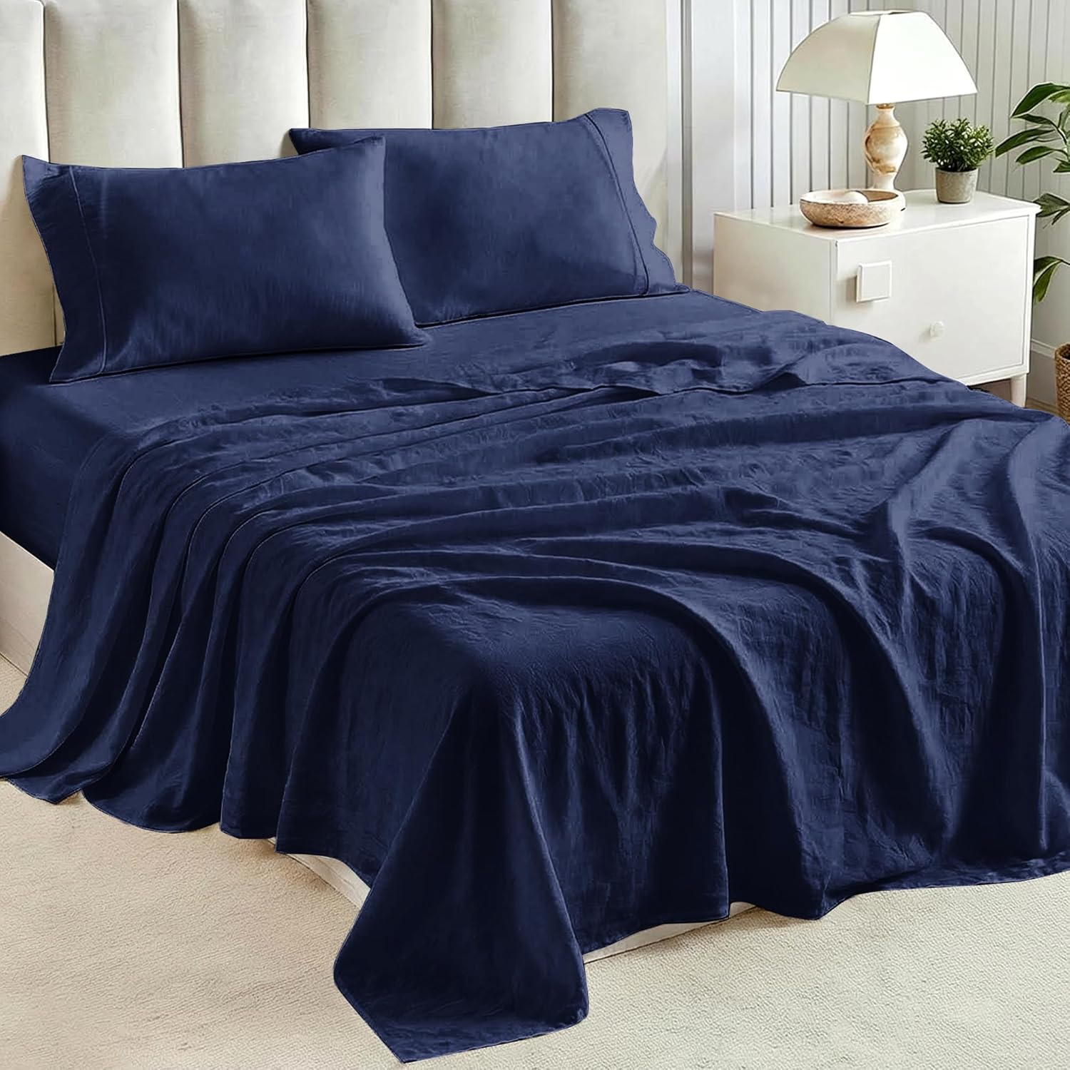 Tokokimo King Sheet Set 4 Piece, Super Soft Washed Cotton-Linen Feel Microfiber, 16" Deep Pocket Fitted Sheet, 1 Flat Sheet, 2 Pillowcases, Breathable Bed Sheets, Navy Blue