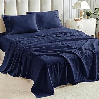 Tokokimo Washed Cotton-Linen Feel 4-Piece Queen Size Sheet Set for Busy Lifestyles – 10-16" Deep Pocket Bed Sheets with Natural Wrinkles, Quick-Dry, Breathable, Soft Navy Blue