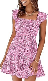 Womens Summer Casual Square Neck Smocked Short Sundress 2025 Spring Beach Vacation Flowy Cute Teen Boho Dresses - Buy now