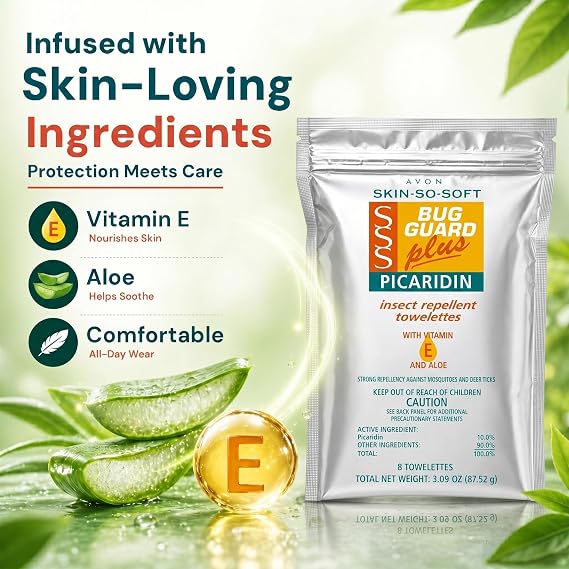 AVON SSS Bug Guard Plus Picaridin Towelettes - DEET Free - 16 Towelettes | Skin So Soft Bug Guard, DEET-Free Repellent Wipes with Vitamin E & Aloe, for Mosquito & Tick Protection, Individually Wrapped