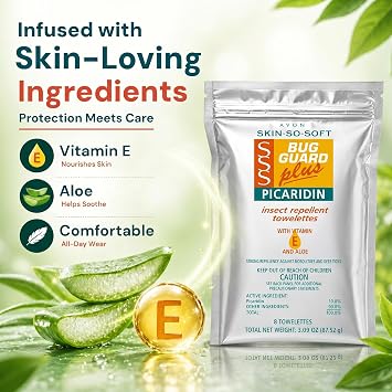 AVON SSS Bug Guard Plus Picaridin Towelettes - DEET Free - 16 Towelettes | Skin So Soft Bug Guard, DEET-Free Repellent Wipes with Vitamin E & Aloe, for Mosquito & Tick Protection, Individually Wrapped