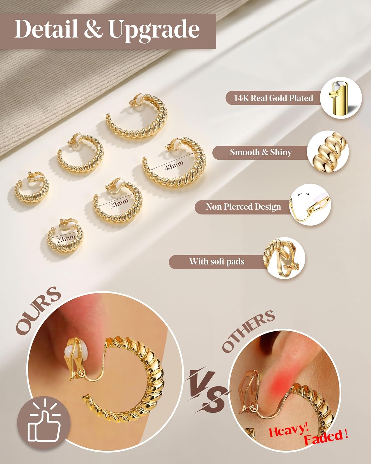 Florideco 3Pairs Clip on Earrings for Women Trendy Hypoallergenic Tube Croissant Clip-on Hoop Earrings Set Non Pierced