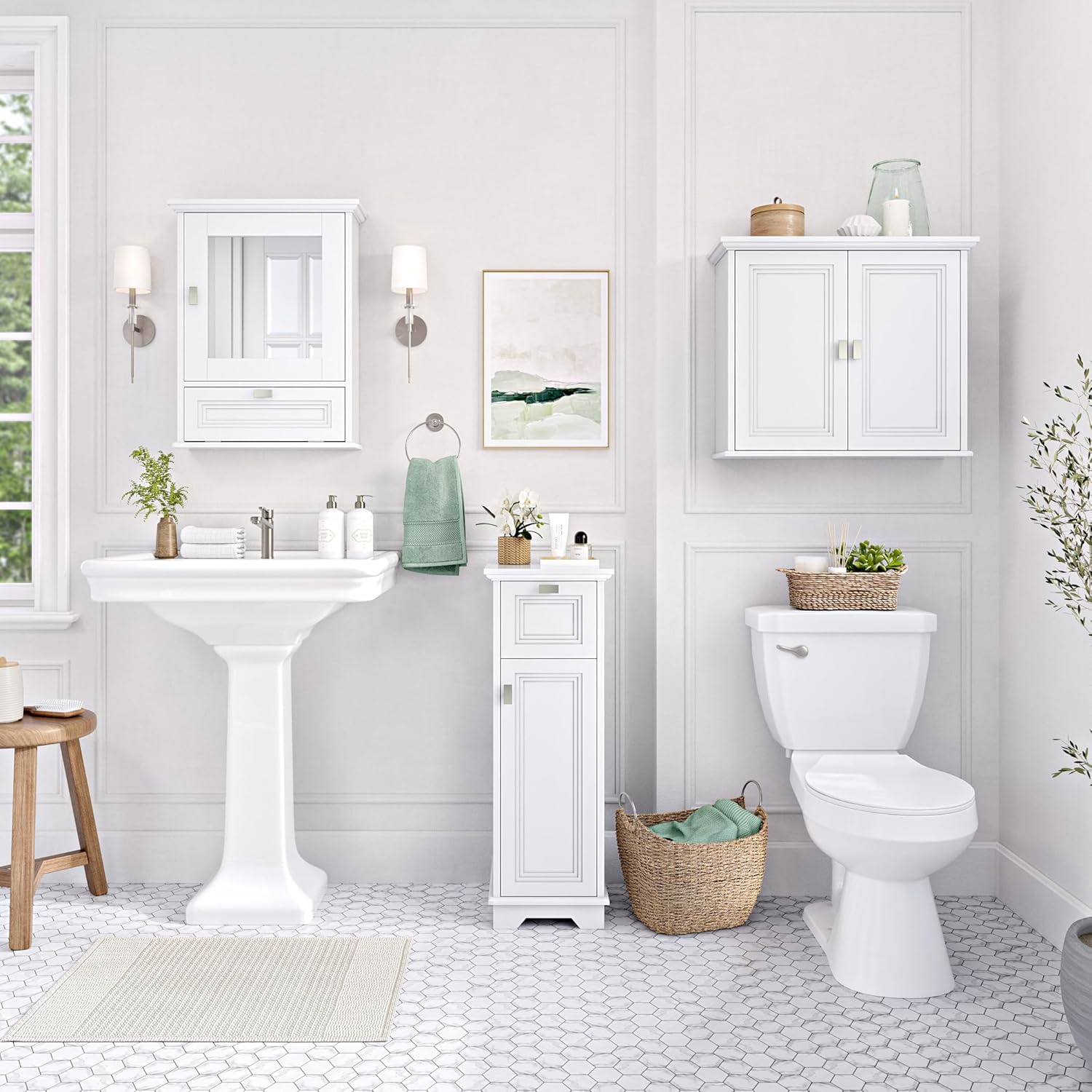 RiverRidge Geneva Slim Linen Cabinet with Inset Multi-Layered Raised Panel Drawer and Door, Adjustable Shelf, Soft-Close Hinges, Narrow Storage Cabinet for Bathroom and Small Spaces - White