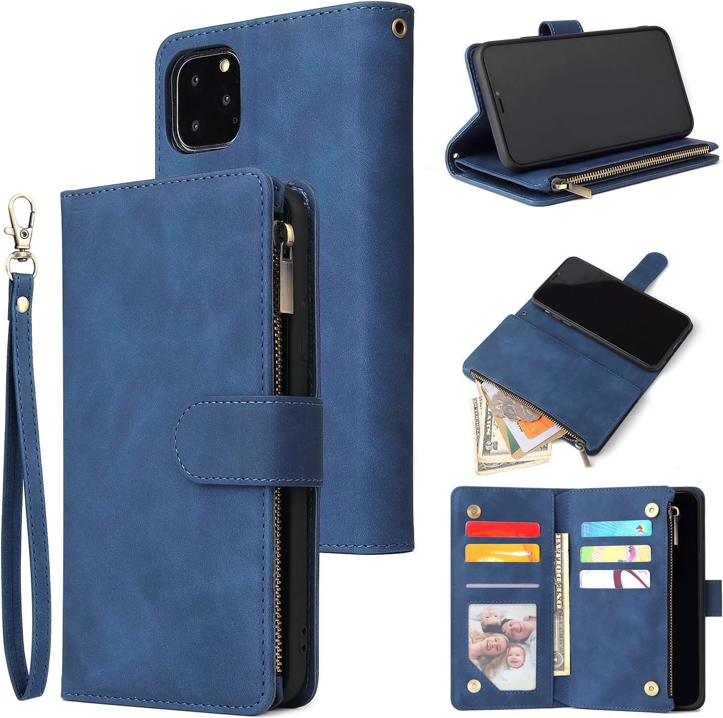 UEEBAI Wallet Case for iPhone 11, Premium Vintage PU Leather Magnetic Closure Handbag Zipper Pocket Case Kickstand Card Holder Slots with Wrist Strap TPU Shockproof Flip Cover for iPhone 11 - Blue