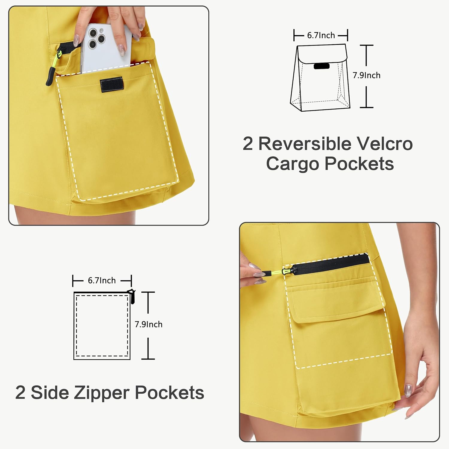 MIVEI 14" Women's Hiking Cargo Skorts Skirts Golf High Waisted Dressy Casual with Zipper Pockets Quick Dry Athletic Skort Yellow