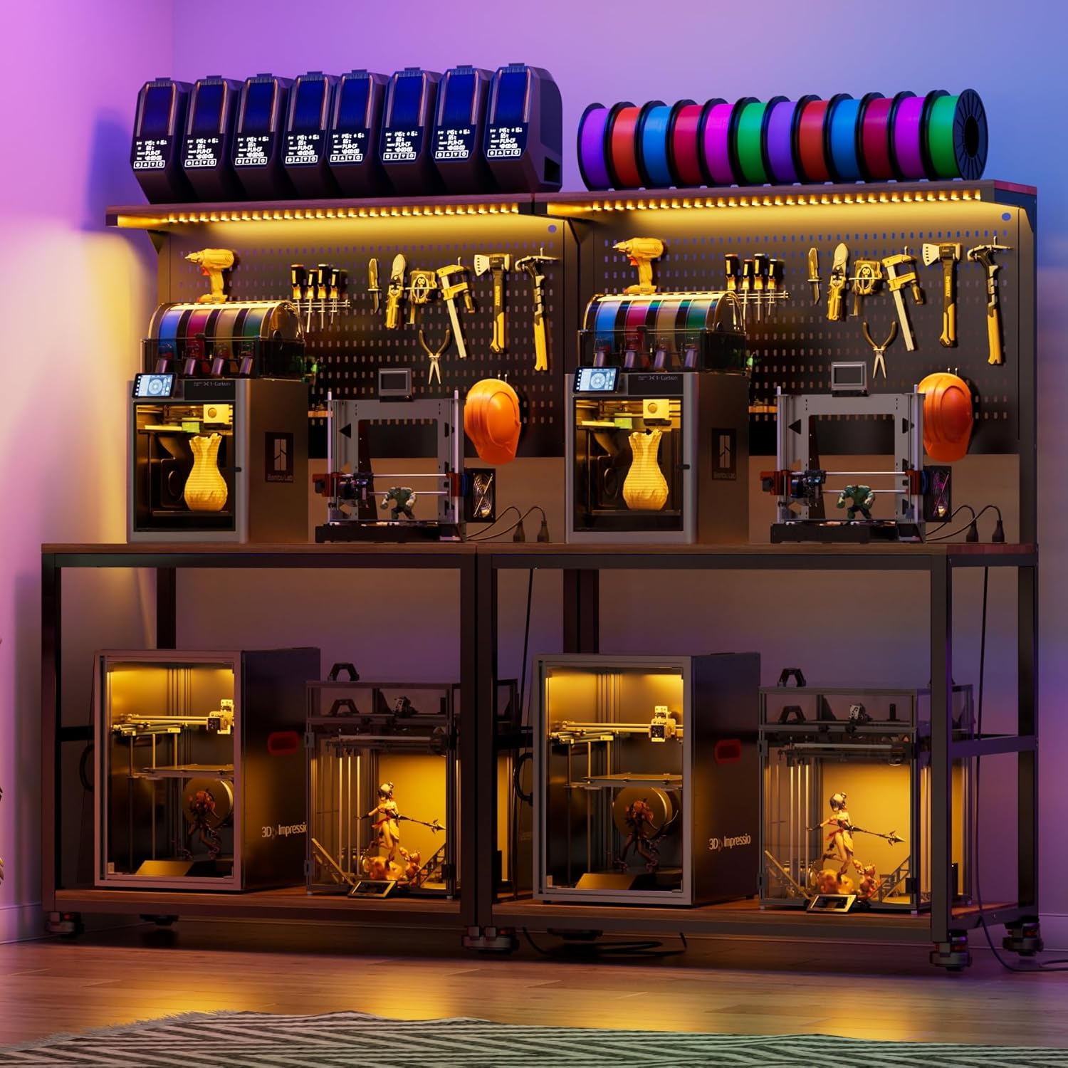 PAKASEPT 3D Printer Stand with Filament Storage Workbench,3D Printer Table with Charging Station & LED Lights,Heavy Duty Rolling Printer Desk with Pegboard for Workshop/Office/Garage