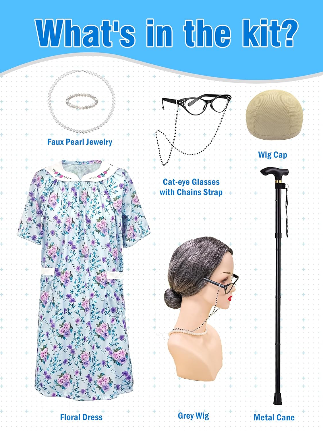 Cupohus Women's Old Lady Wig Costume Set, 100 Days of School Adult Granny Dress Cosplay, 8PCS Set- Grandma Wig and Cap, Retro Glasses with Chain, Faux Pearl Jewelry, Cane, Blue Floral Dress Outfit - Image 3