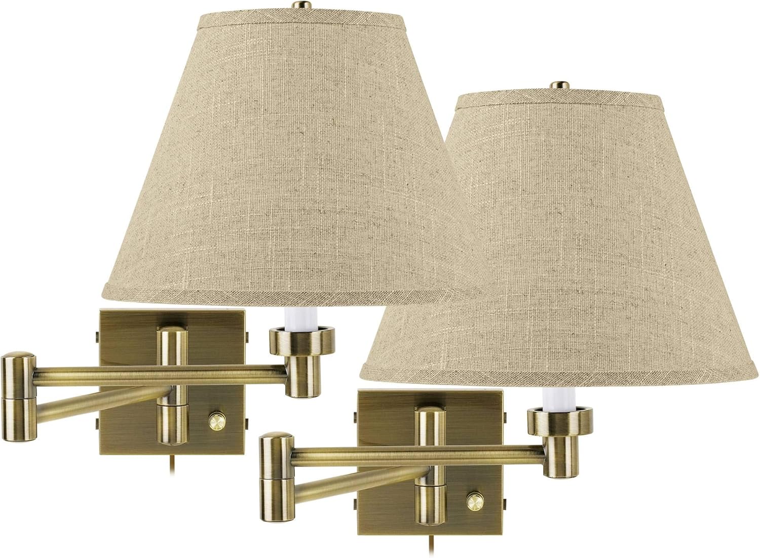 Barnes and Ivy Modern Swing Arm Wall Lamps Set of 2 Dark Antique Brass Plug-in Light Fixture Dimmable Fine Burlap Empire Shade for Bedroom Bedside House Reading Living Room Home Hallway Dining