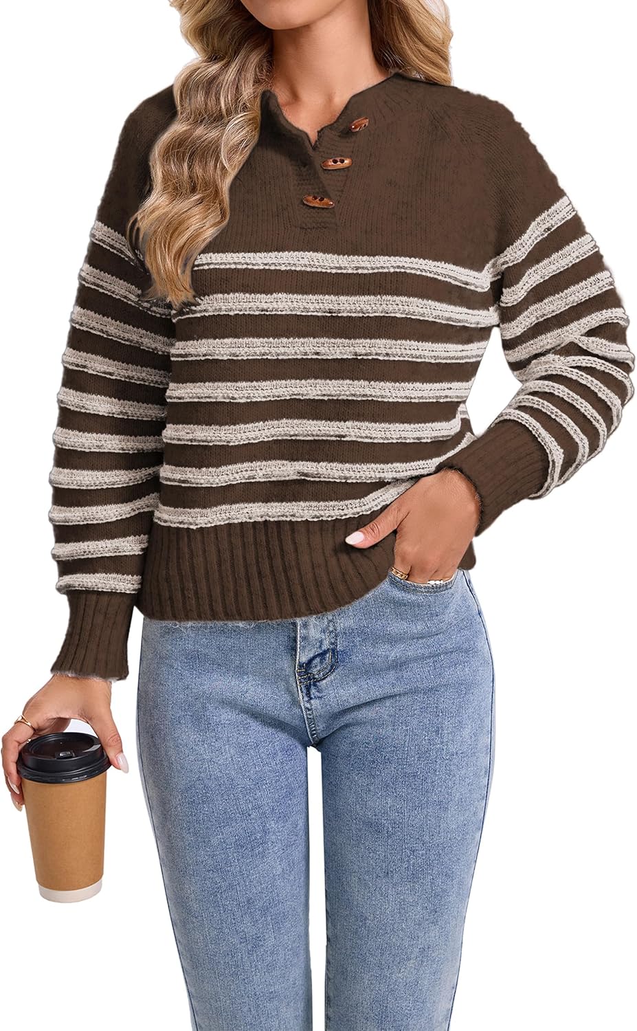 Women Cozy Fall Winter Striped Button Cropped Sweater Pullover - Image 2