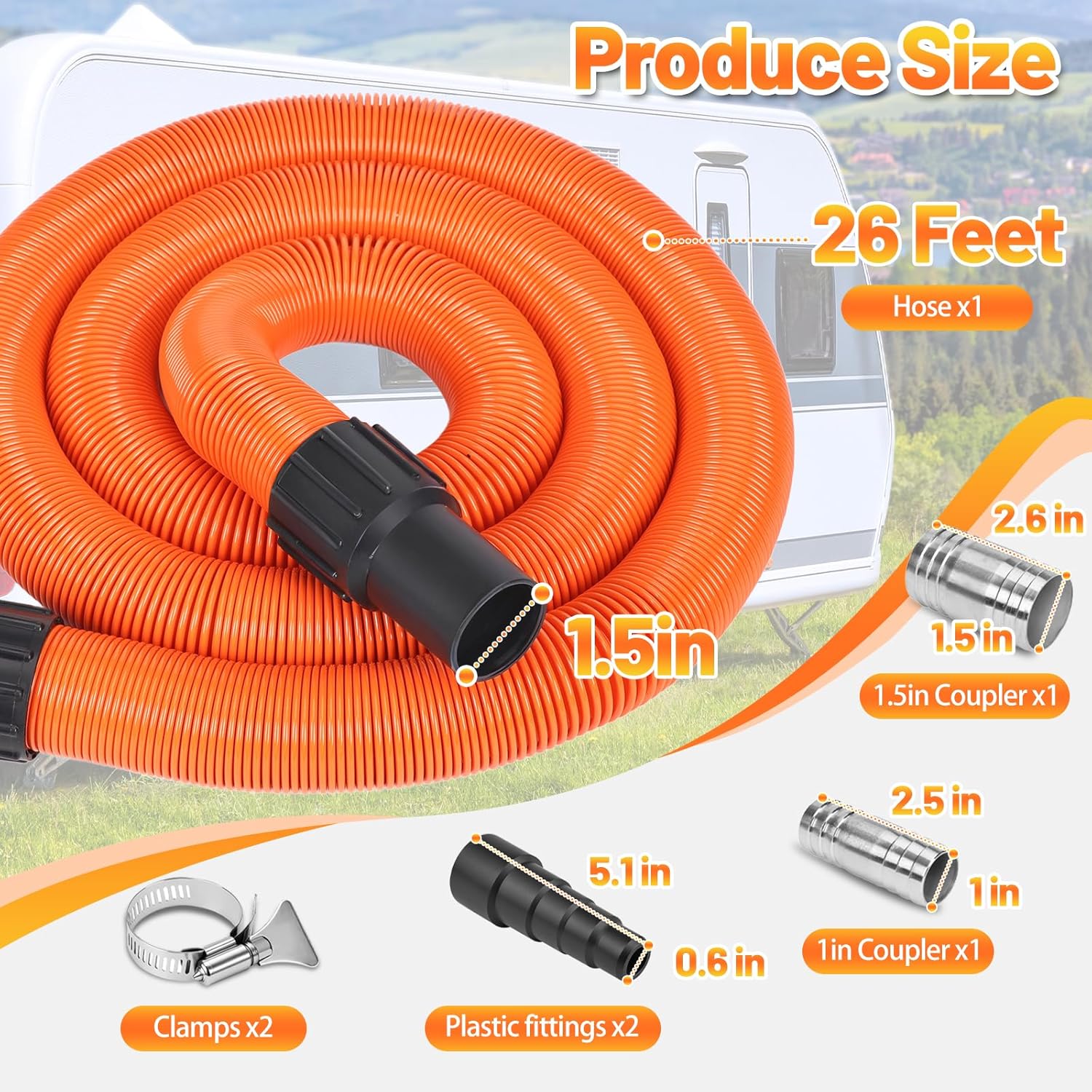 97521 70424 RV Macerator Hose Kit Compatible with Thetford Sani-Con Turbo 400S/500S/600S/700,RV Sewer Hose Kit Compatible with Sani-Con 62-5800 15/12,62-5800 35/45, 26 FT Camper Sewage Pump Hose