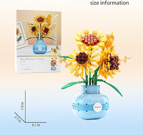 Miniatura 4 de Juego de bloques de construcción de girasol, ramo de flores con jarrón para adultos, juguetes de construcción para niñas y niños, decoración del