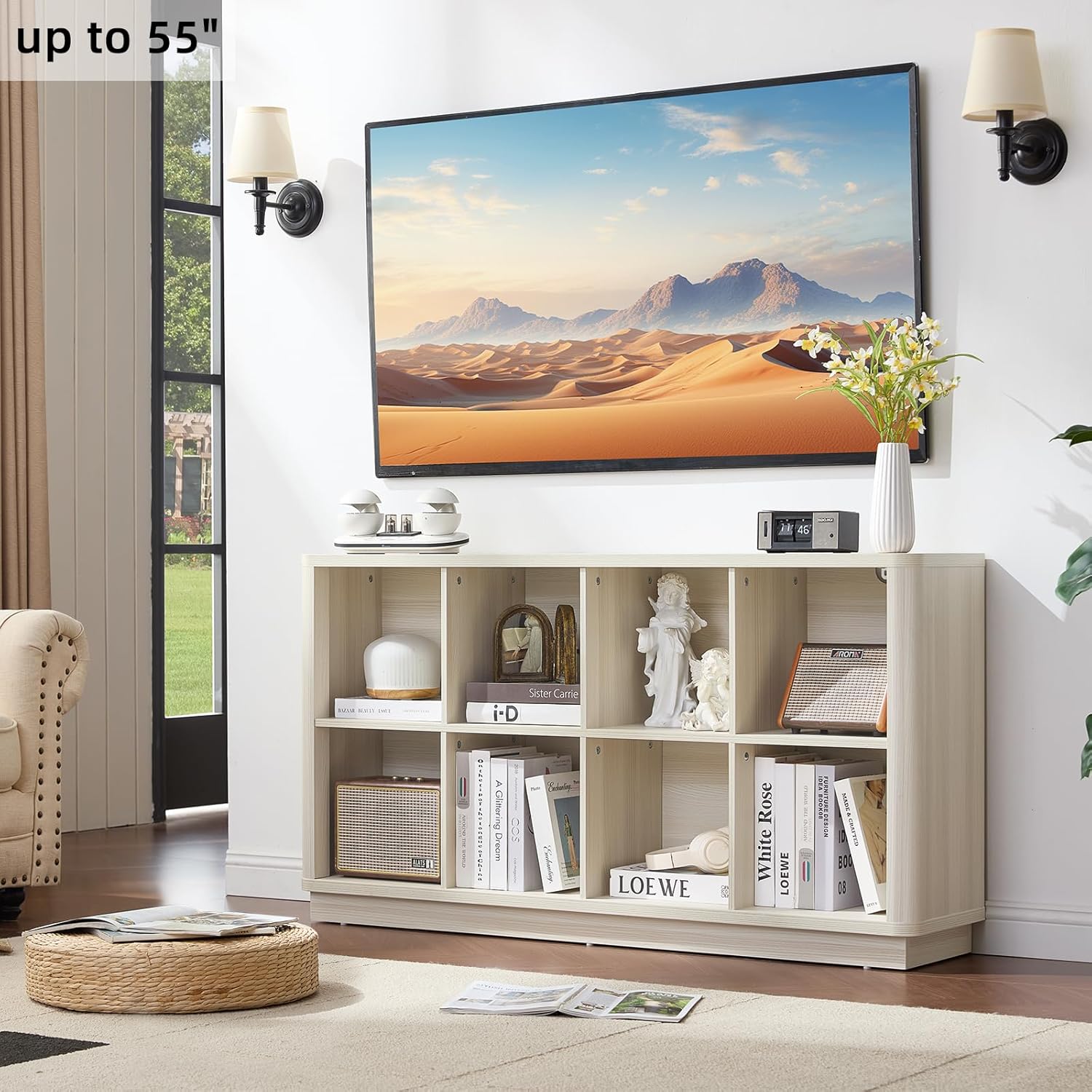 Joaxswe 8 Cube Storage Bookcase, 52" Long Horizontal Book Shelf w/Curved Edge, Wood Low 2-Tier Cubby Console Bookshelf with Base, Modern Floor Standing TV Stand for Living Room, Gray-White Cream Oak