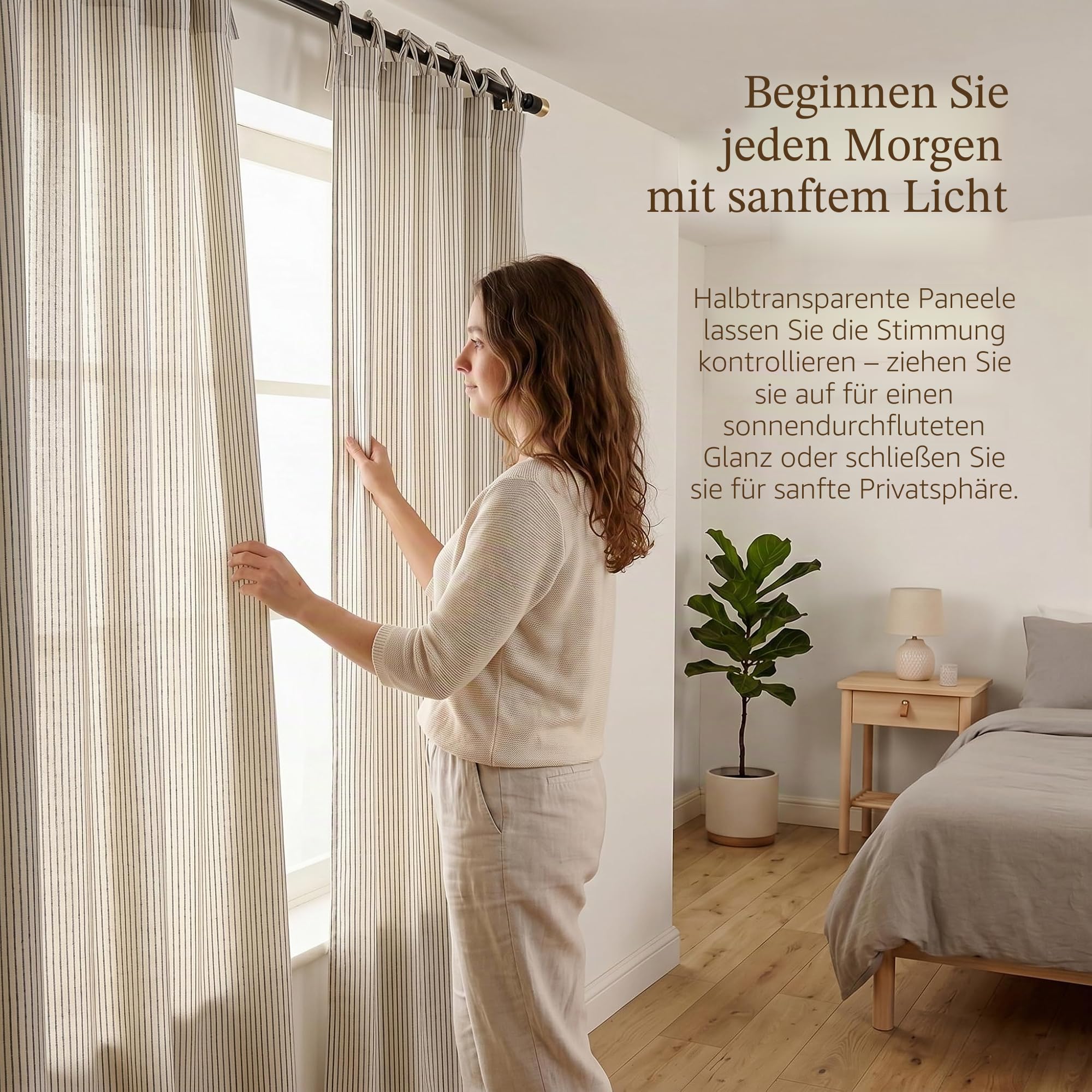 THE ART BOX Gaze Vorhänge – Gestreifte Boho-Leinenoptik, Krawatten-Top, Lichtfilternd, Tür- und Fensterbehandlung, 2 Vorhang-Panels Schwarz auf Beige (228,6 x 106,7 cm pro