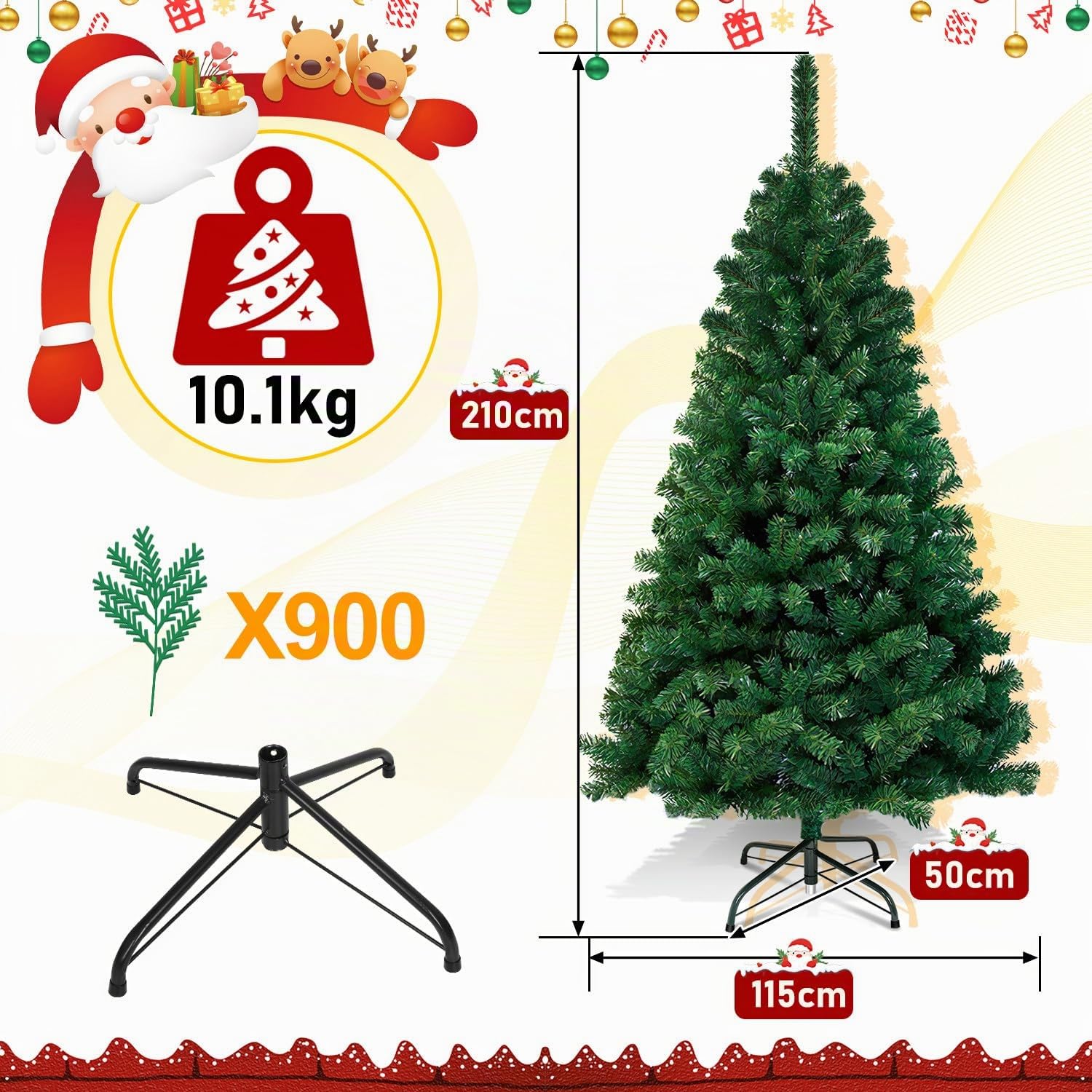 Randaco Albero di Natale artificiale, 210 cm, con 1000 rametti, in PVC ignifugo, decorazione natalizia, verde