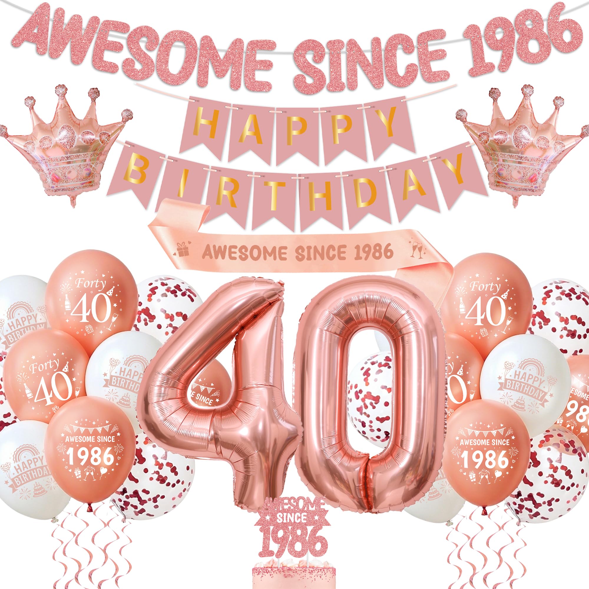 40th Birthday Decorations Rose Gold - Awesome Since 1986 Banner Set with Cake Topper and Sash, Happy Birthday Banners, Number Foil Balloons, Latex Balloons for 40 Years Old Party Supplies