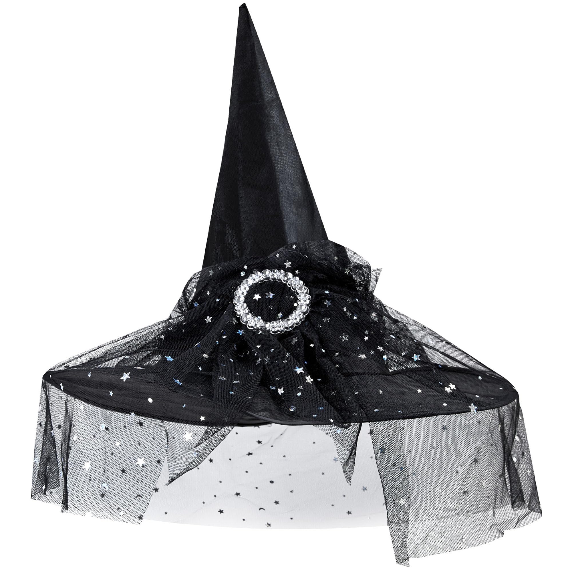 Black Witches Hat with Veil - Black Witch Hat Adult or Kids with Silver Stars and Moon Veil Detail - Halloween Accessories Women and Girls Halloween Costume Accessories