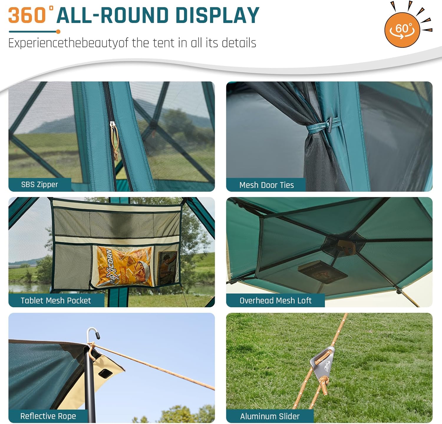 Instant Tents for Camping Pop Up Screen Tent with Floor, 6 Person Large Family Camping Tent with Rainfly and Porch, Easy 60S Setup Hub Tent for Outdoor Picnic Backyard, 11.5L x 10W x 6.83H