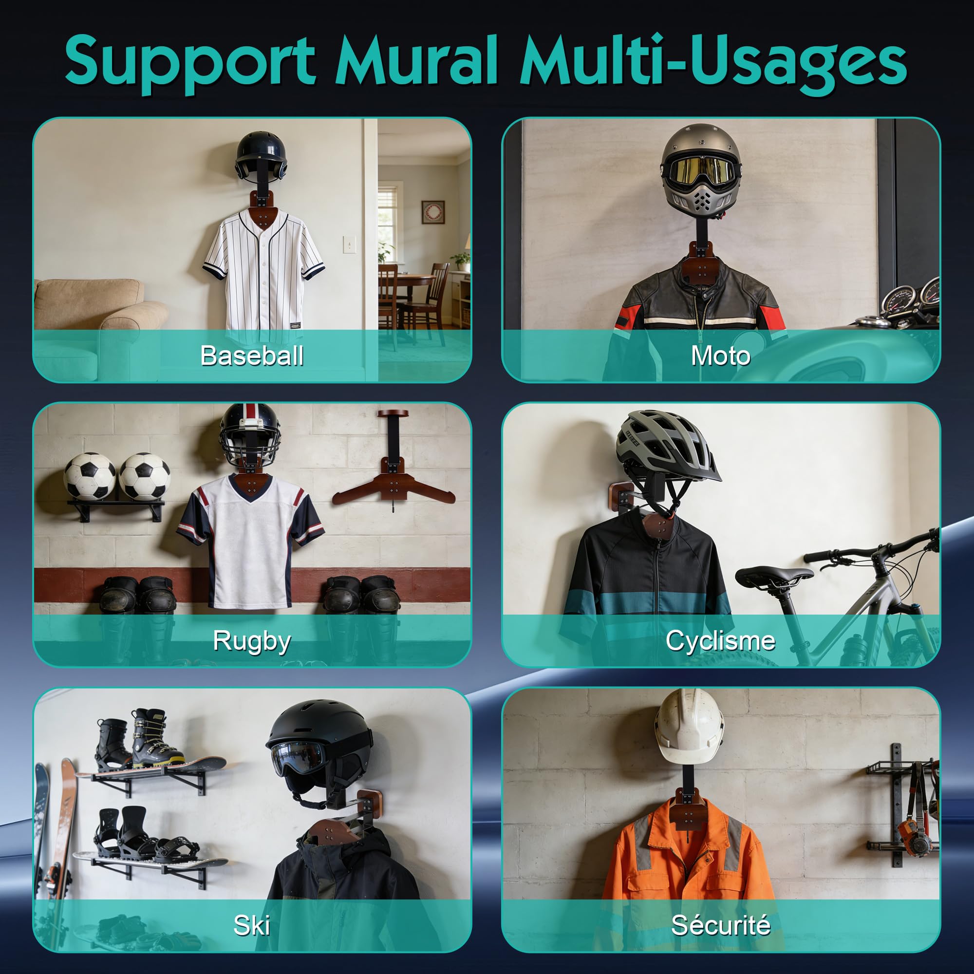 Support Casque Moto, Porte Casque Moto Mural en Bois et Fer, Crochet Multifonctionnel Organisateur Mural Rangement pour Équipements de Cyclisme, Football, Rugby et Autres Sports, Noyer
