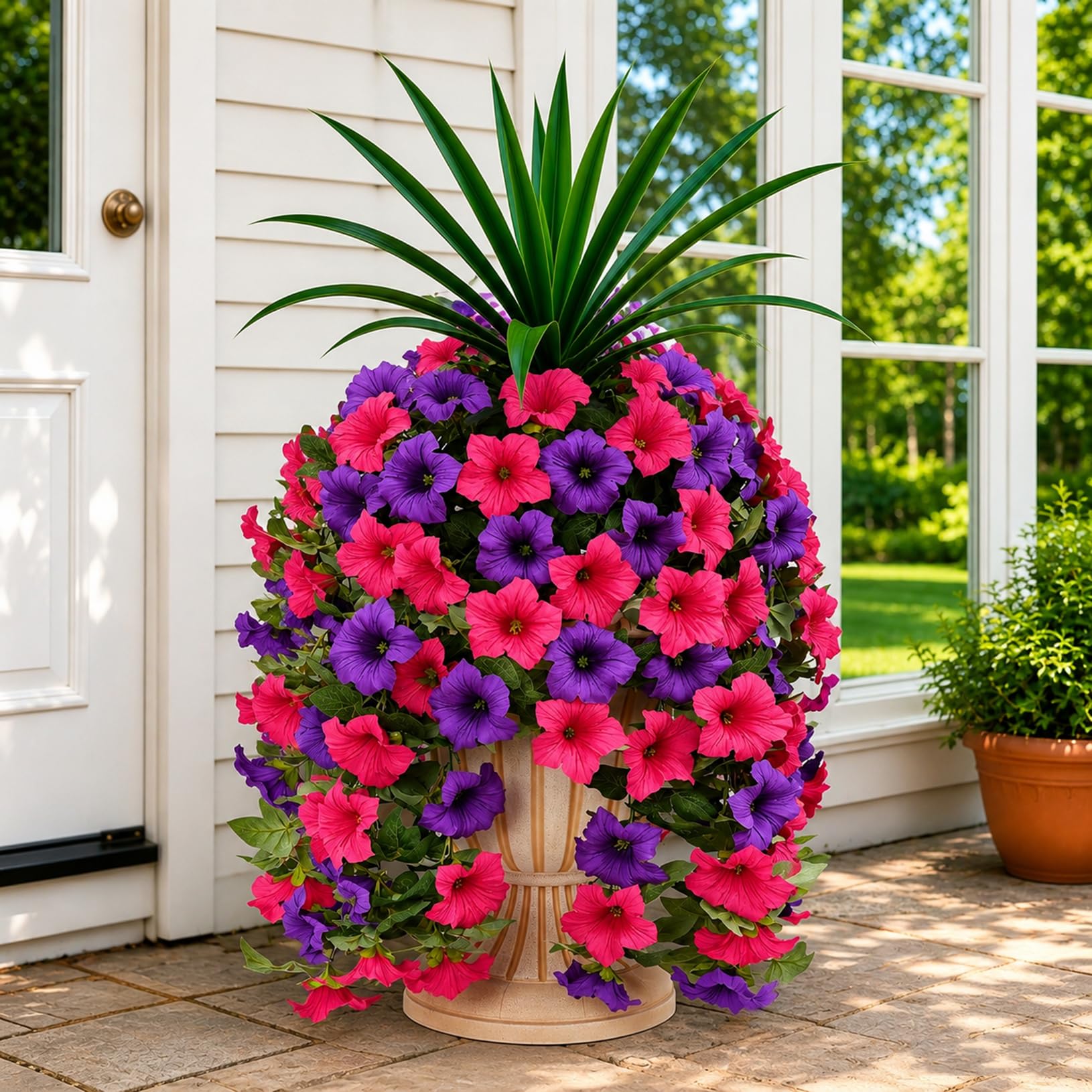 ATAVSADN Artificial Flowers for Outdoors, 6 Bundles UV Resistant Fake Plants Outside, Faux Hanging Flowers with Morning Glory & Orchid Leaves, for Porch Planters Garden Patio Wall Decor