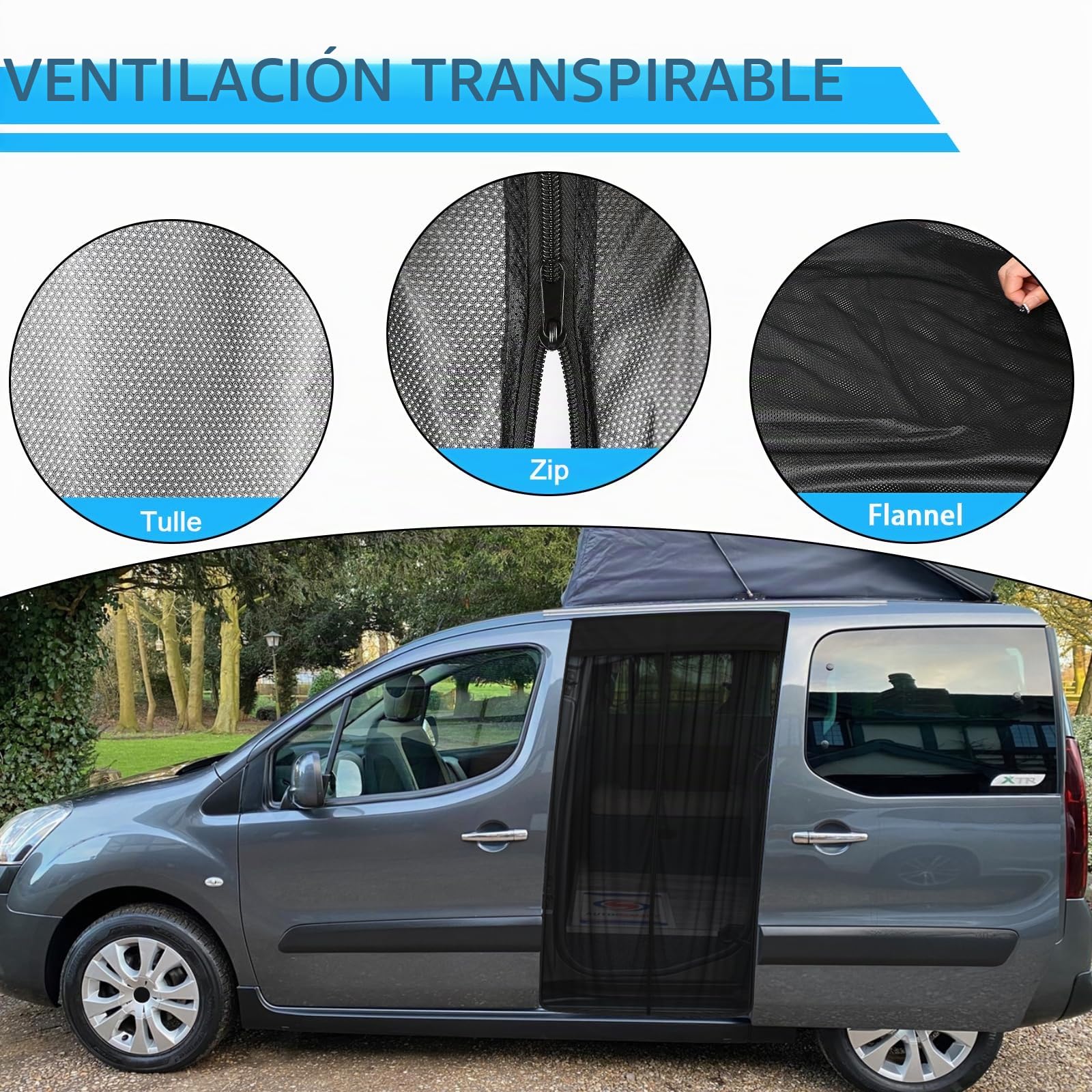 Mosquitera de Coche Reemplazo para Citroen Berlingo/Partner III/Rifter 2018-2025 (Standard Roof), Mosquitera para Puerta Lateral, Mosquitera Magnética de Una Sola Capa para Acampar