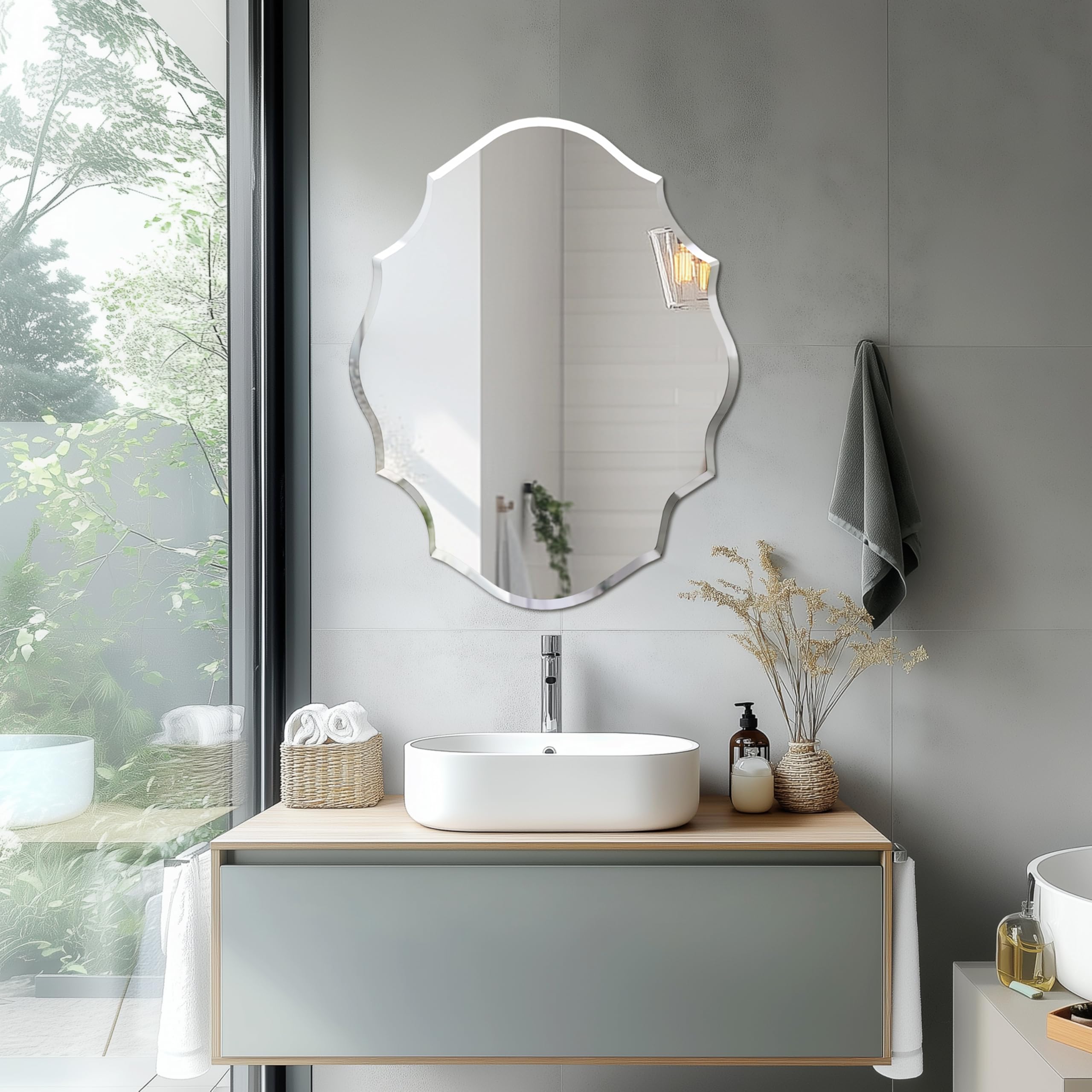 Special Shaped Vanity Wall Mirror: Elegant Artistic Look 5mm Thick Art Shape HD Mirror Hung Mirrors 63.5 x 0.6 x 81.3 cm Silver Walls Mirror Furniture Decorative for Bedroom Bathroom