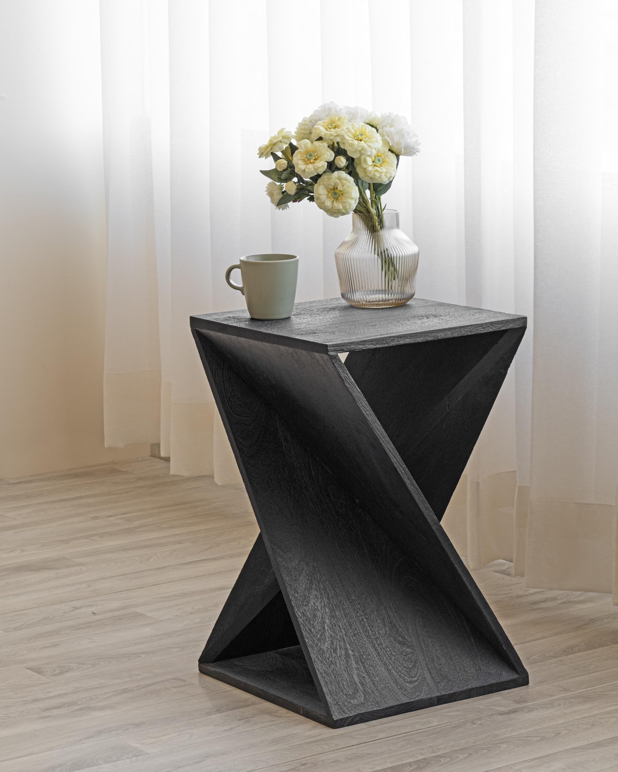 Hand Made One-of-a-Kind Carved Mango Wood Twisted X Shape End Table, Distressed Black