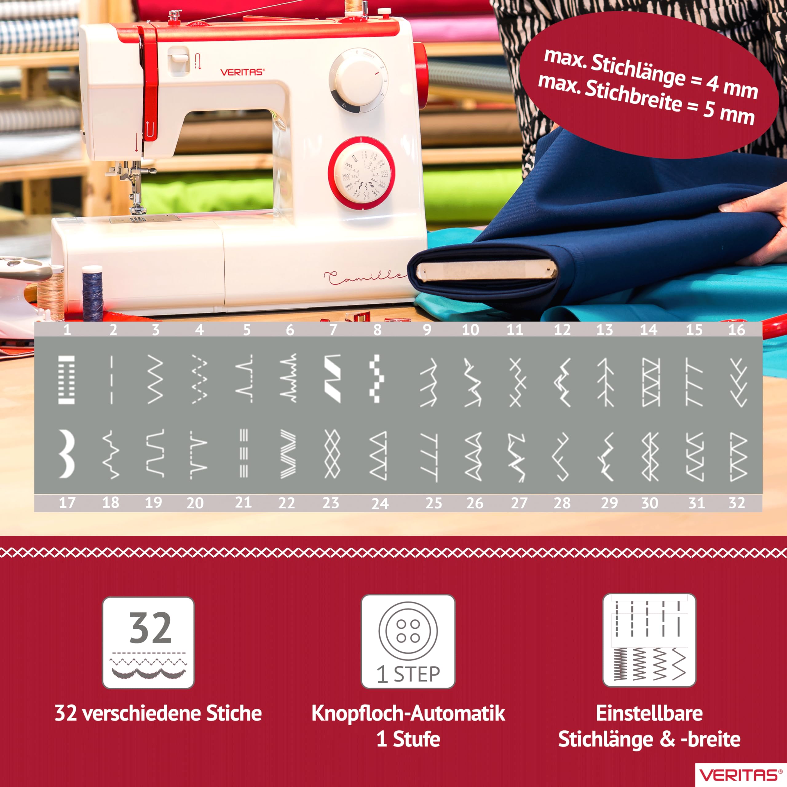 VERITAS Nähmaschine Camille I 32 Stichprogramme I Einfädelhilfe I Einstellbare Stichlänge & Stichbreite I Auto-Fadenspannung & Fadenabschneider I LED-Nählicht I Mechanische Nähmaschine (weiß-rot)