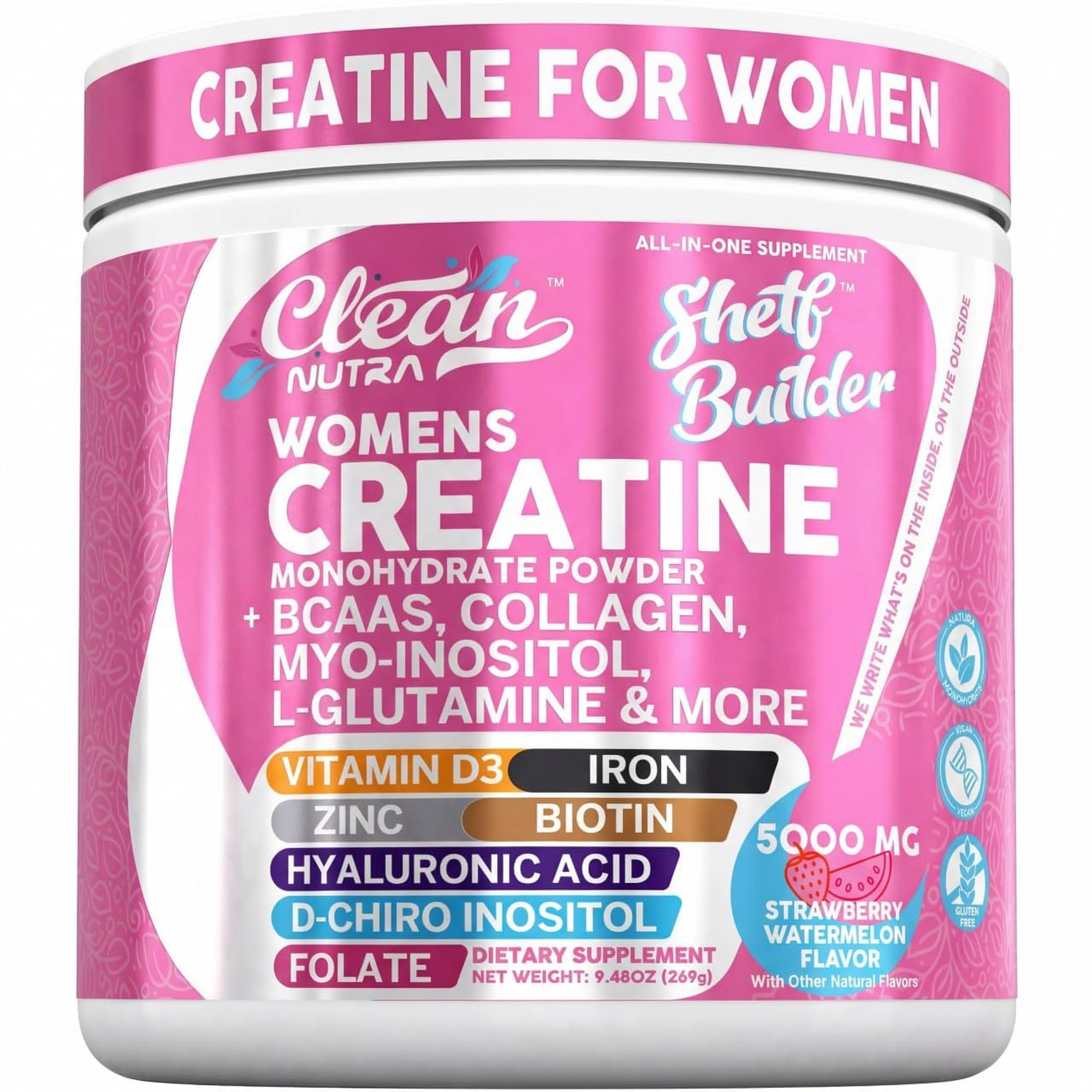 Creatine for Women Strawberry Watermelon Flavor | Creatine Monohydrate + BCAA Powder Myo-Inositol Collagen Biotin Hyaluronic Acid Folate L Glutamine D3 Iron Zinc Maca Root Shelf Builder Clean Nutra Strawberry Watermelon 9.48 Ounce (Pack of 1)