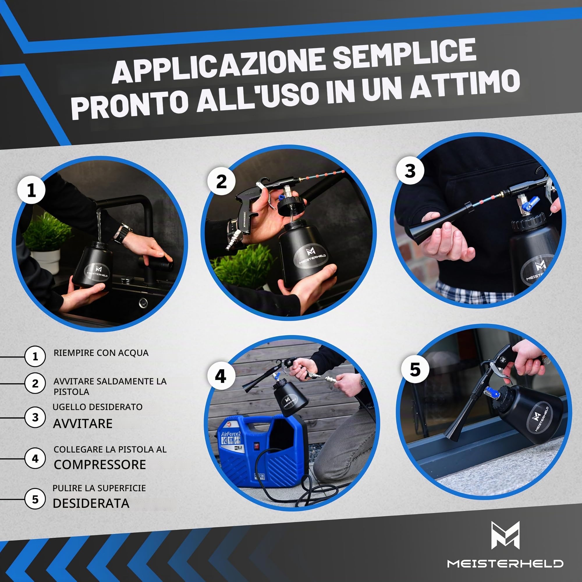 Pistola per pulizia ad aria compressa, pulitore preciso a secco e umido per auto, tappeti & Co – pistola ad aria compressa con serbatoio dell'acqua, spazzola e valvole dosatrici