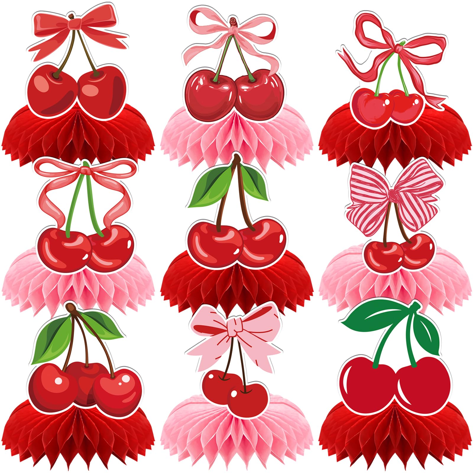 Cherries Birthday Party Decorations - 9 Pcs Pink Bow Centerpieces