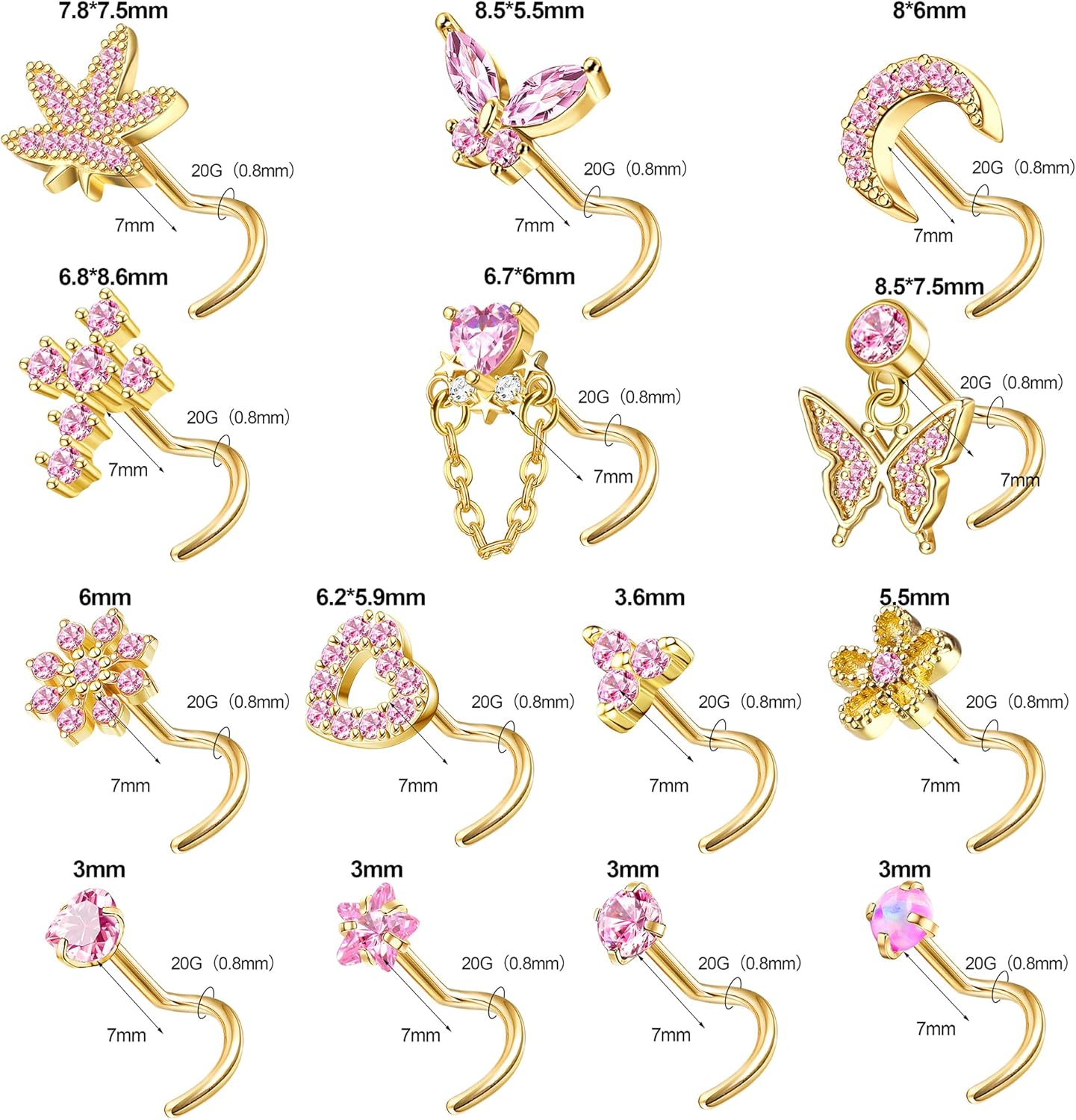 Drperfect Gold Silver Nose Rings Nose Studs for Women Nose Piercings 20G L Shaped Corkscrew Dangle Nose Rings Studs Simulated Diamond Pink CZ Opal Dangling Dangly Hanging Nose Piercing Jewelry with Heart Star Butterfly Flower Cross Moon Charm Cute Dainty Nose Jewelry - Image 5