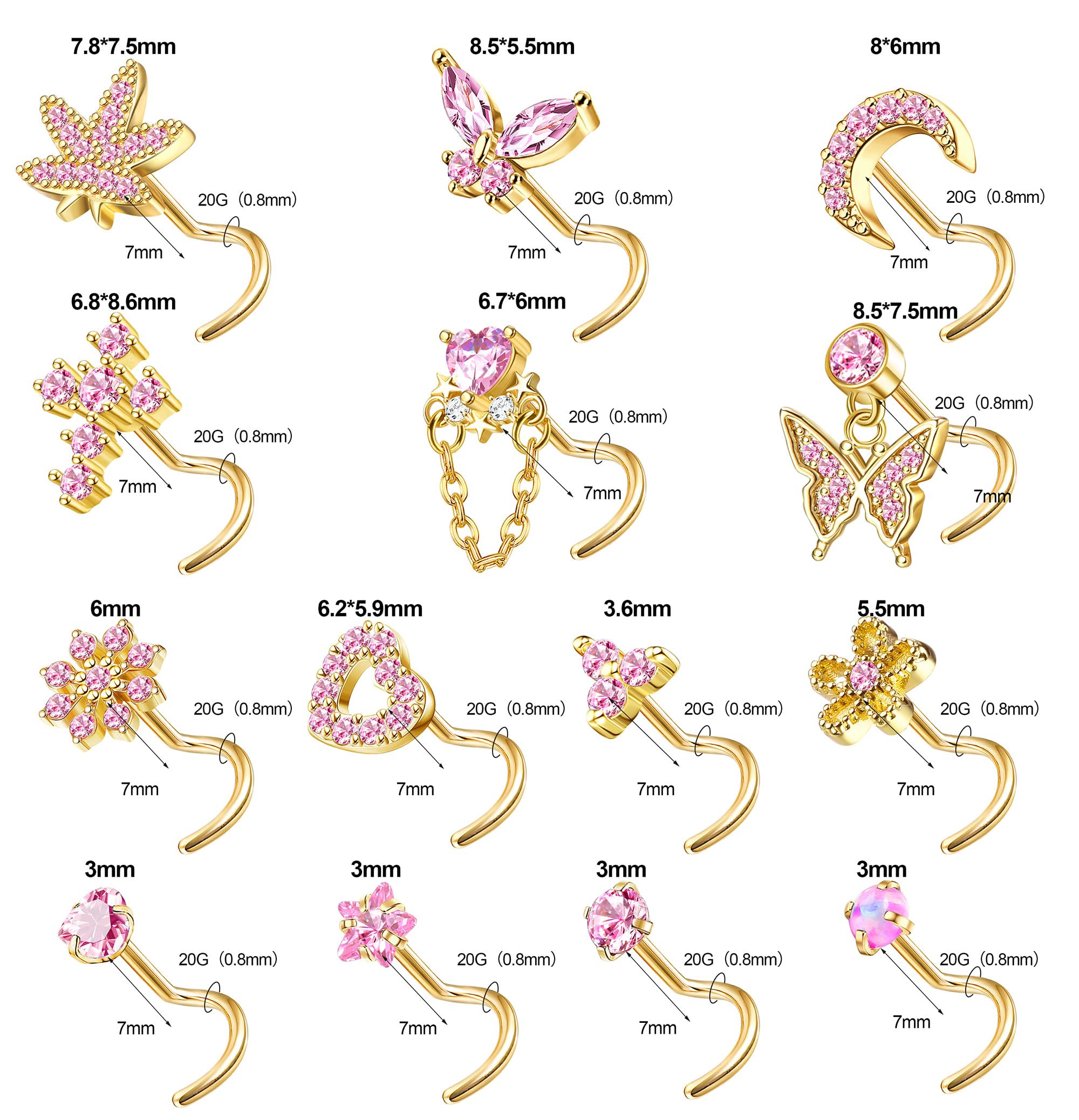 MILACOLATO 14PièCes 20G Piercing Nez Or pour Femme Acier Inoxydable avec CZ en Forme de L et en Spirale Anneaux de Nez de Argent Coeur Papillons Clous de Nez Bijoux Piercing pour Femme