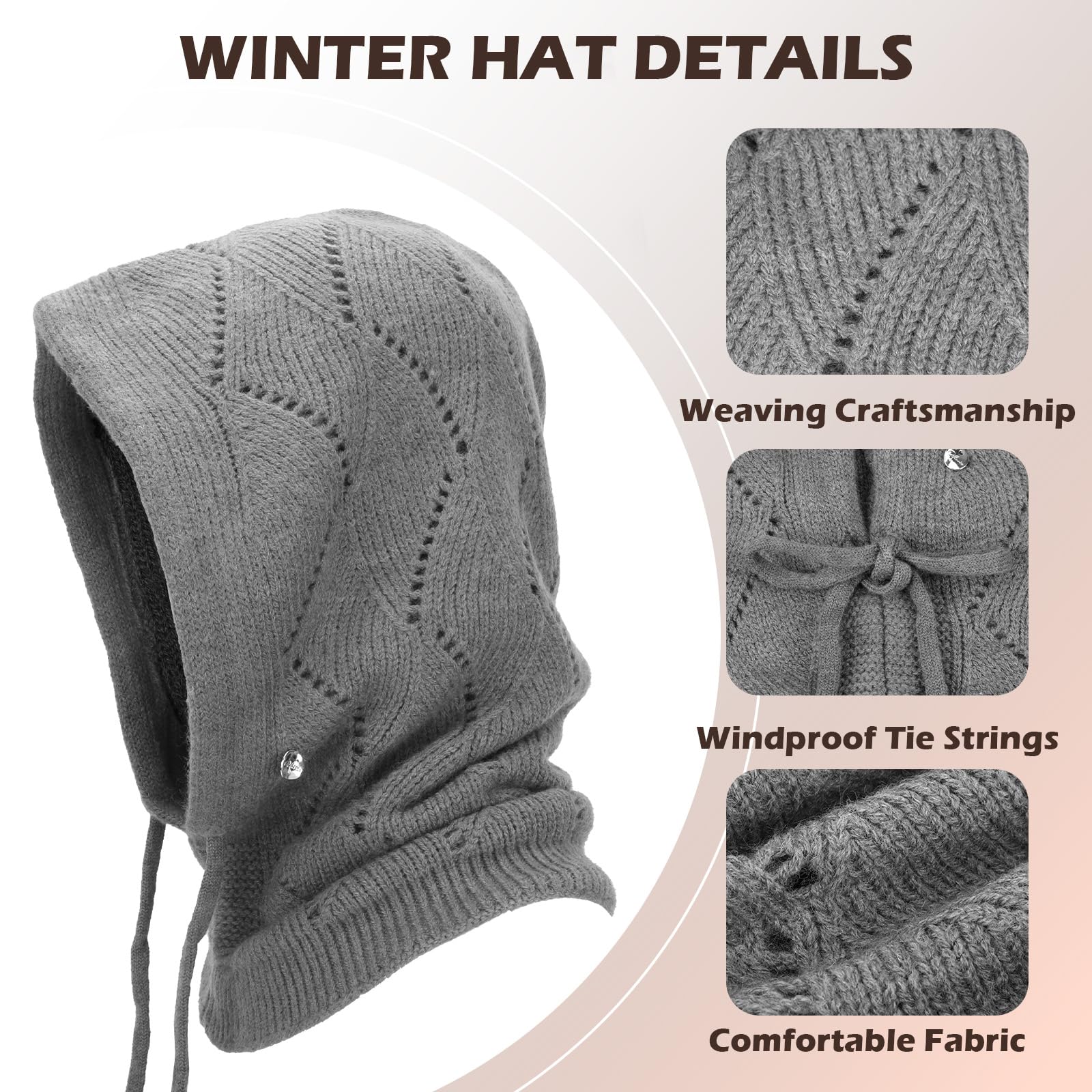 Mujer Invierno Gorro de Punto y Bufanda con Capucha, 2 en 1 Térmicos Prueba de Viento Ajustable Pasamontañas, Moda Ocio Pullover Calentador de Cuello para Deportes al Aire Libre Diario Correr