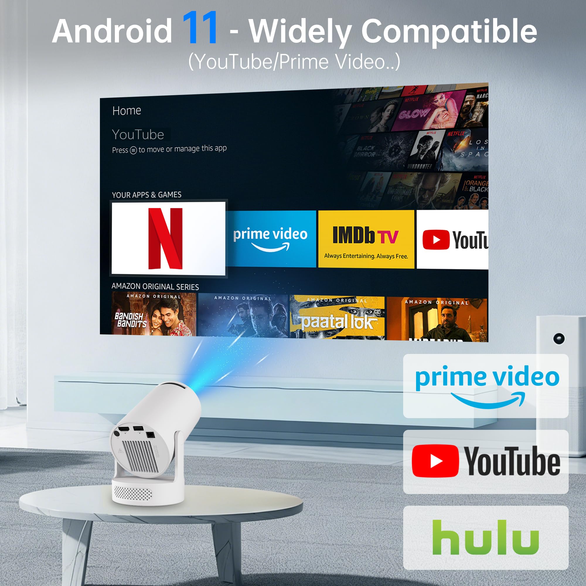 【Built-in Apps】Mini Projector with Wifi and Bluetooth, Support 4K, Portable Projector, 5W Sound Base Speaker, 200 ANSI, Android, Auto Vertical Keystone 210° Rotatable Proyector — view 2