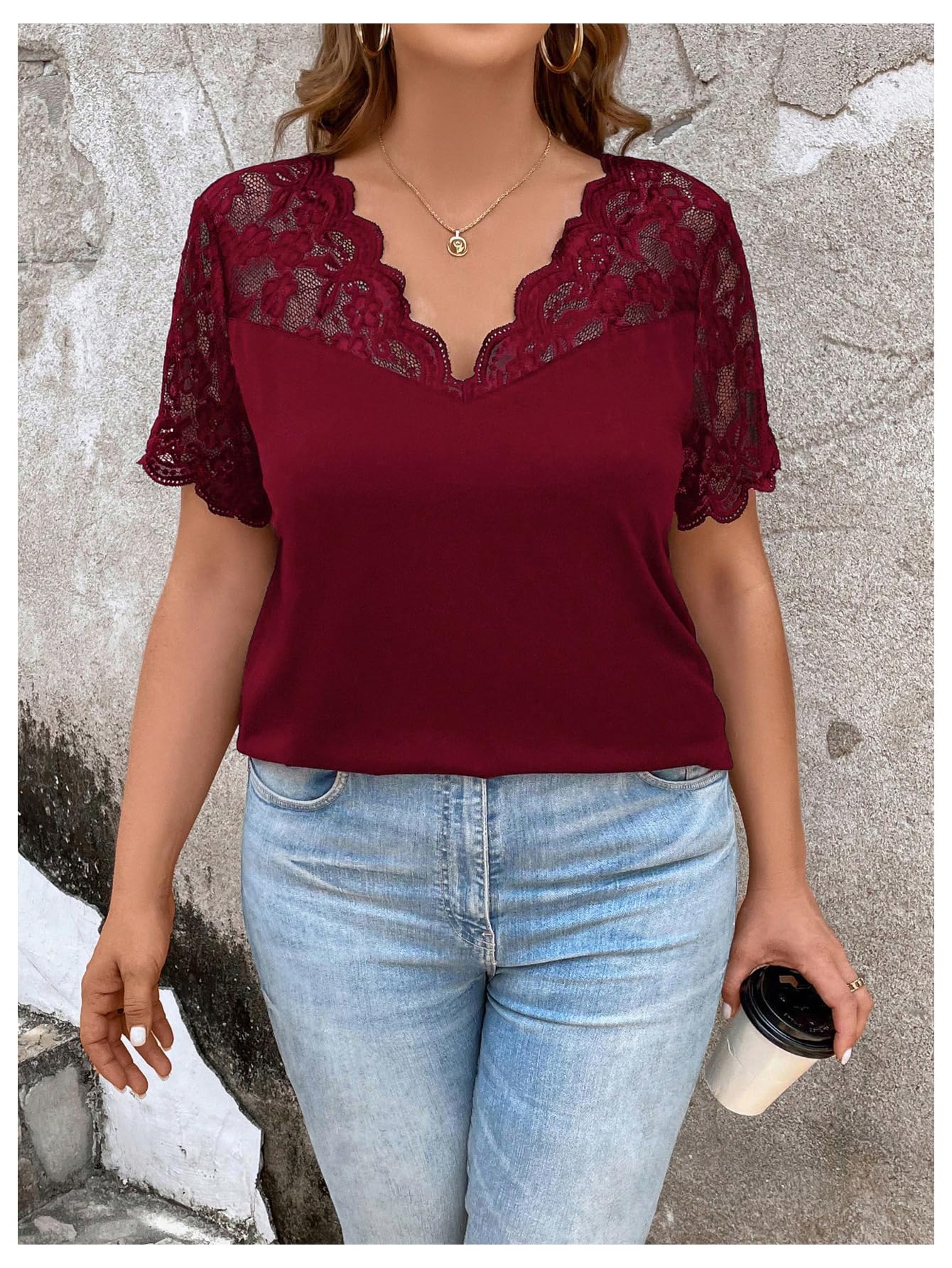 OYOANGLE Women's Plus Size Summer Lace Scallop V Neck Short Sleeve Blouse Shirt Tops