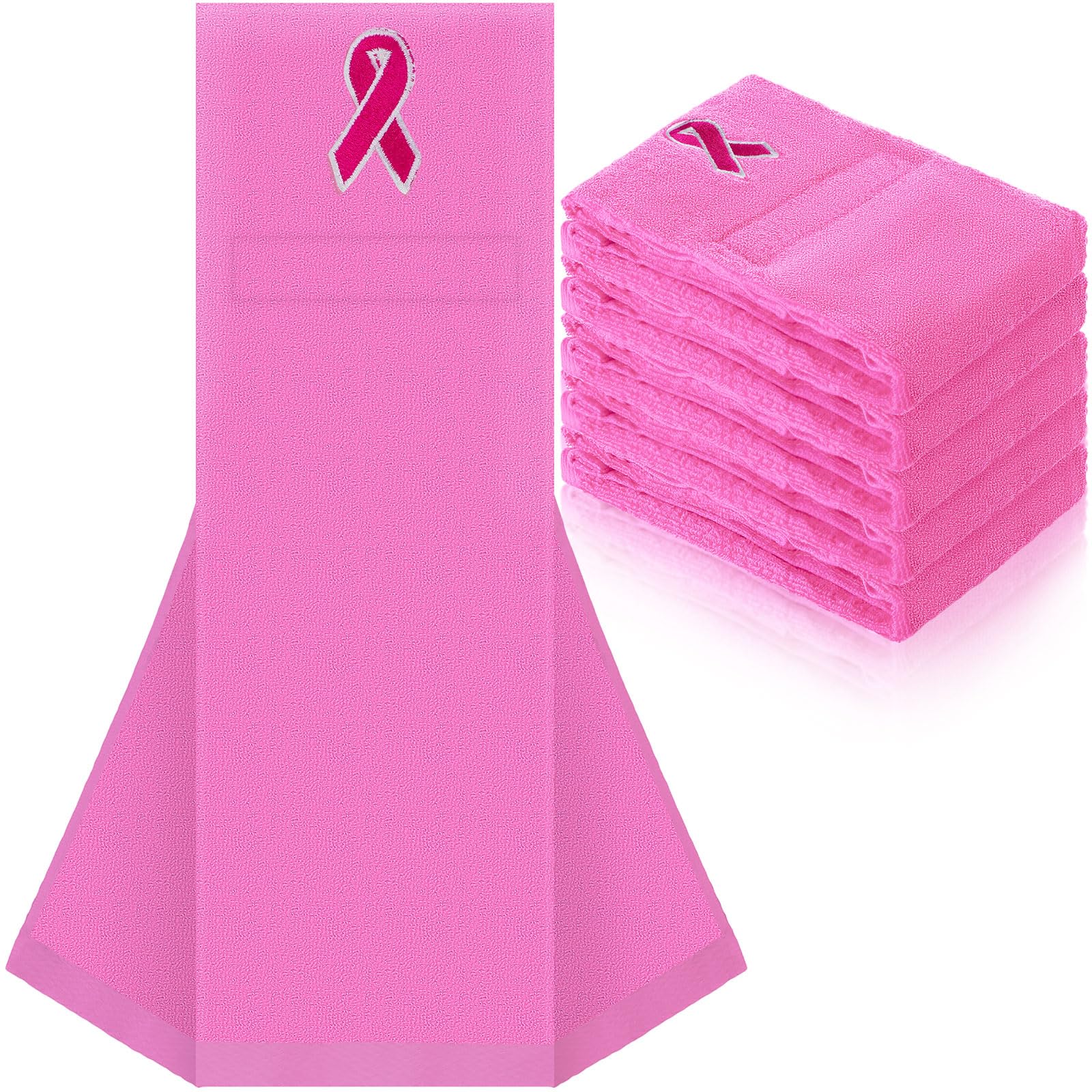Newwiee 6 Pcs Breast Cancer Awareness Football Towel Rose Red Pink Ribbon Breast Cancer Decorations for Believe Hope Ribbon Cotton Sports Football Field Towel with Closure Football Sweat Towel (Pink)
