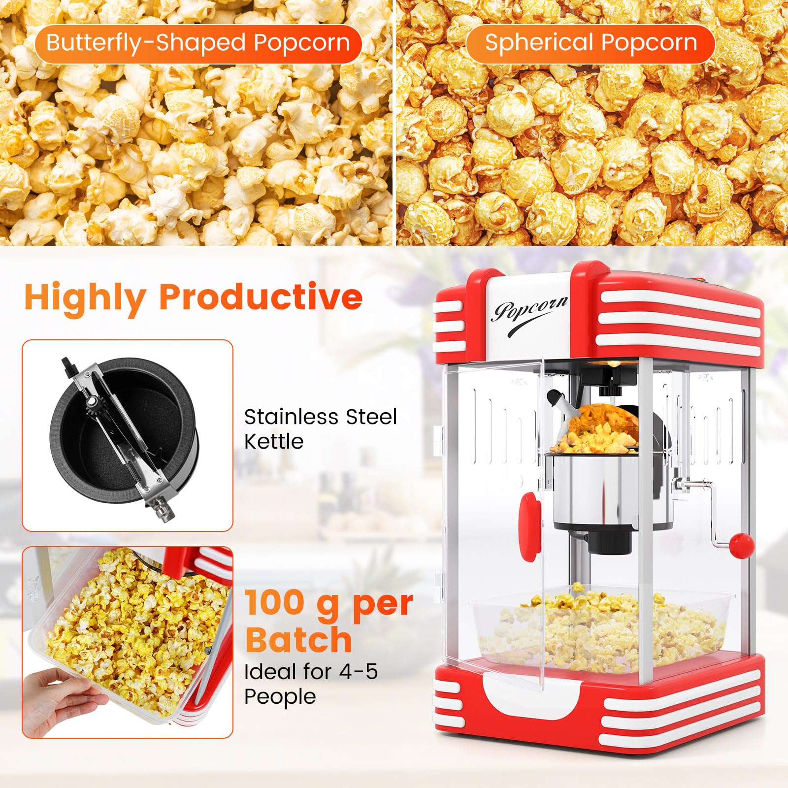 LIFEZEAL Macchina Popcorn 1200W, Riscaldamento e Mantenimento Caldo, Macchinetta Pop Corn Elettrica con 2 Misurino, Contenitore in Acciaio Inossidabile e Vassoio Rimovibile, Condimento Personalizzato