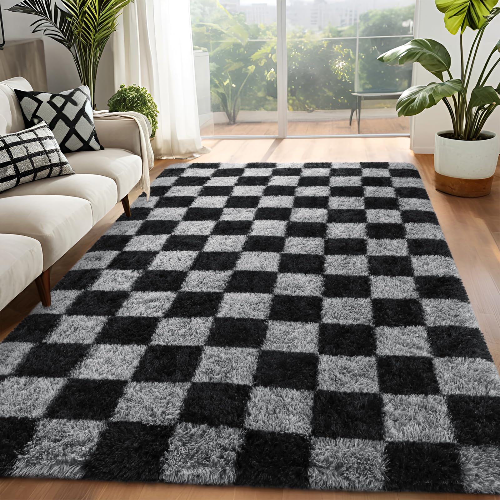 FALARK Rugs for Living Room Bedroom, 5x7 ft Black and Grey Checkered Area Rug, Fluffy Soft Washable Carpet, Modern Non-Slip Shag Carpets for Boys