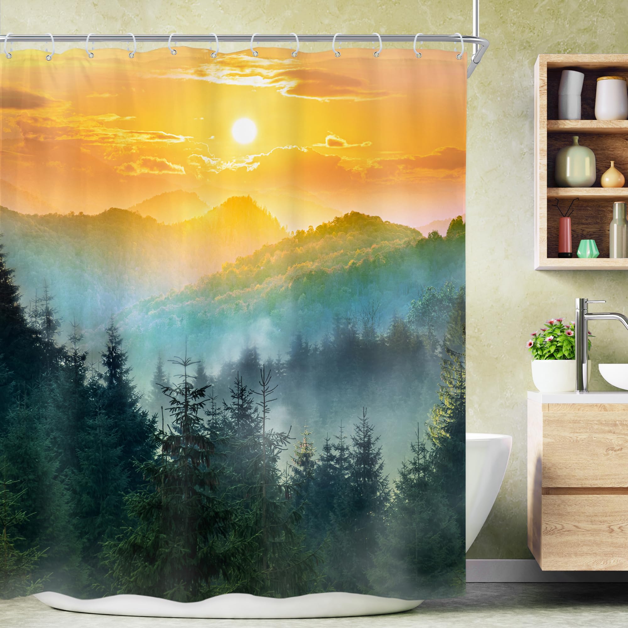 ZCHOMI Misty Forest Shower Curtain - Waterproof Polyester 72x72 Inch Bath Curtain With Pine Trees & Mountains